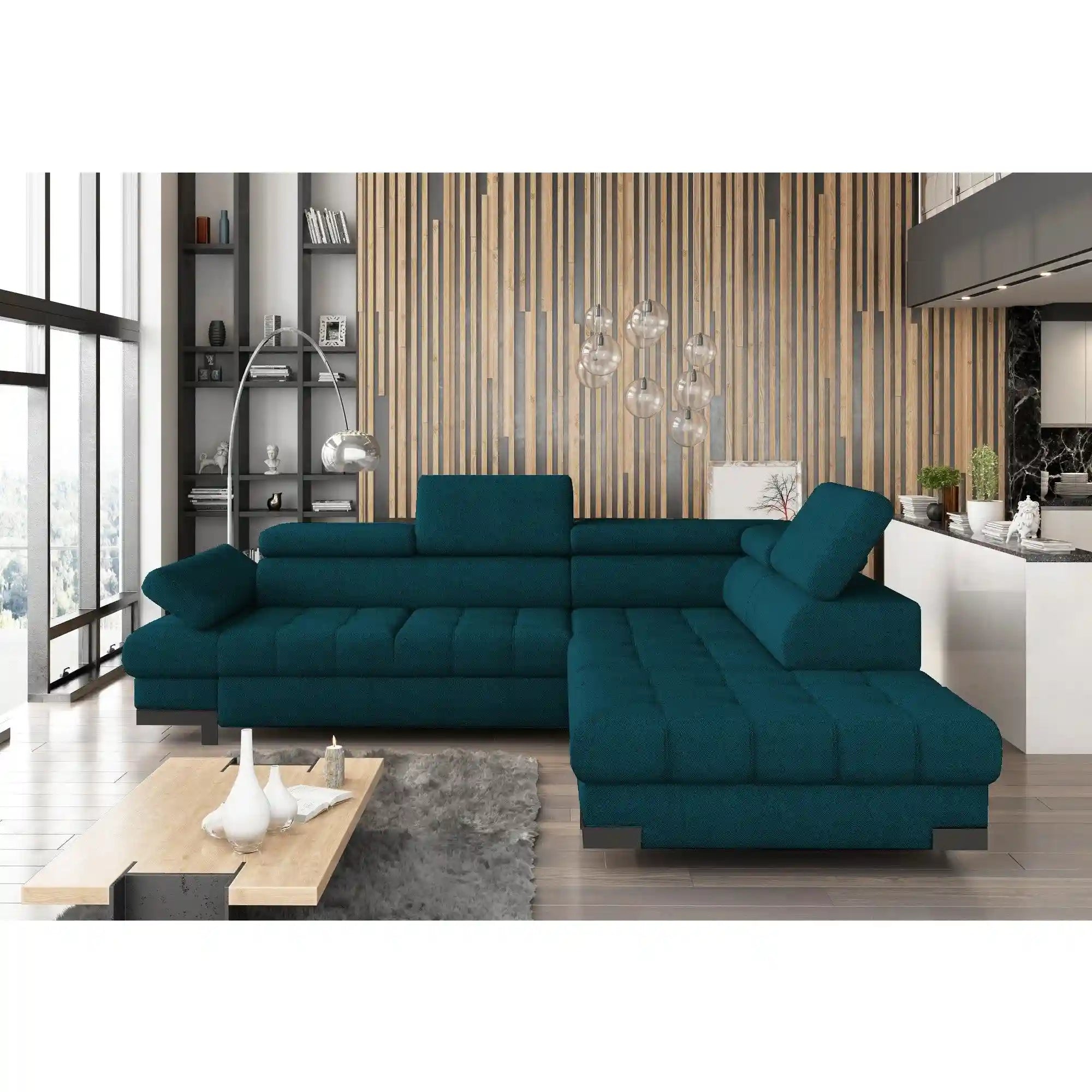Coltar extensibil SELVA L, personalizabil materiale gama Oferta Avantaj, cu lada depozitare si tetiere reglabile, 263x223x95 cm