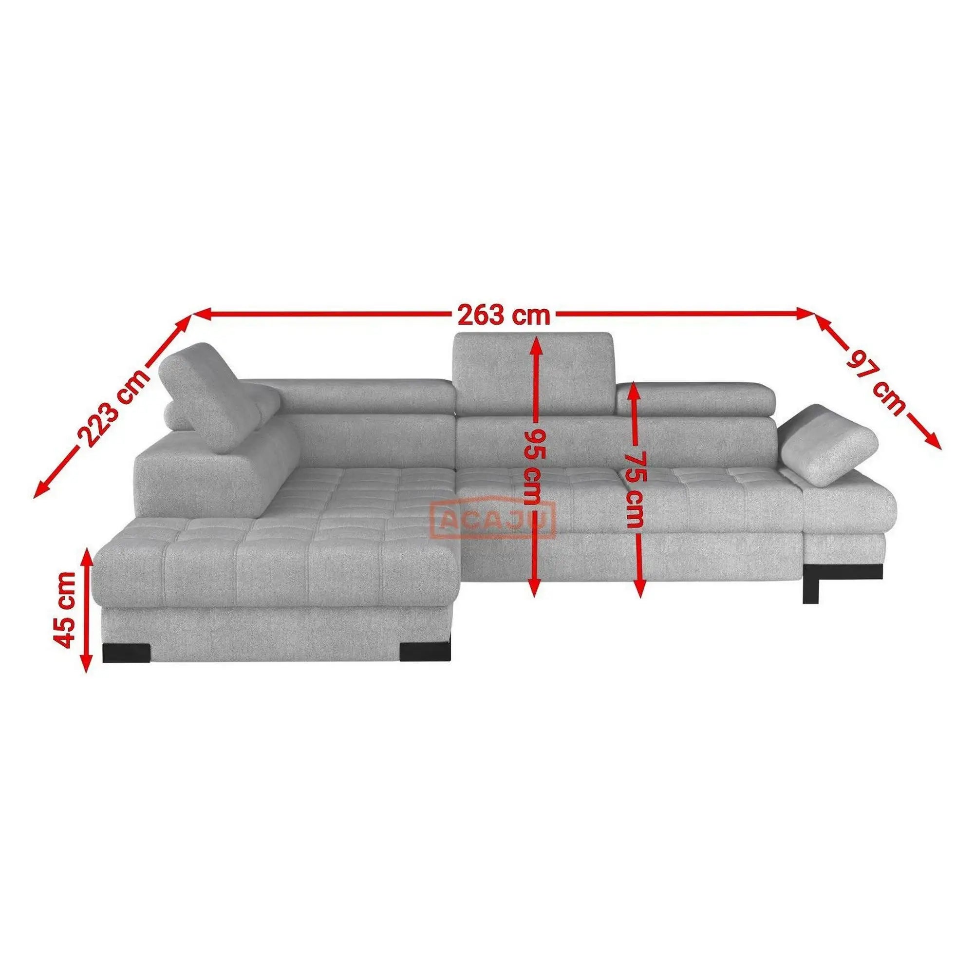 Coltar extensibil SELVA L, personalizabil materiale gama Premium, cu lada depozitare si tetiere reglabile, 263x223x95 cm