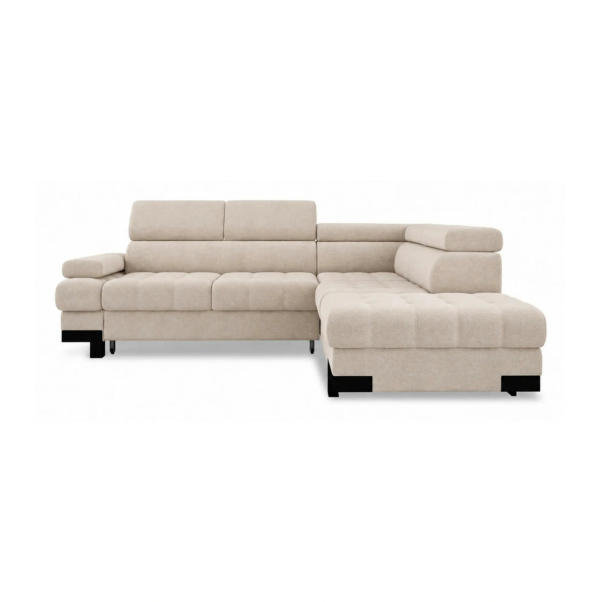 Coltar extensibil SELVA L, sezlong dreapta, stofa catifelata bej - Vogue 1, cu lada depozitare si tetiere reglabile, 263x223x95 cm