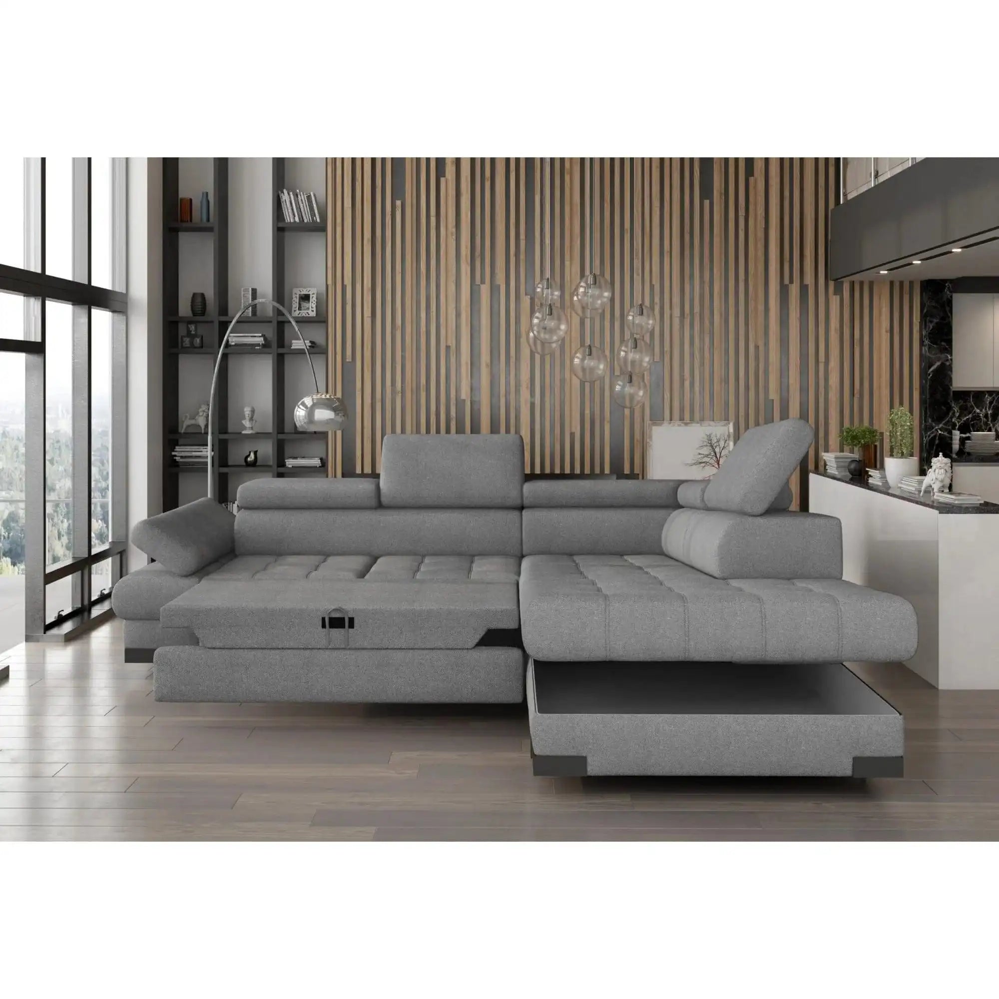 Coltar extensibil SELVA L, sezlong dreapta, stofa catifelata verde marin - Terra 72, cu lada depozitare si tetiere reglabile, 263x223x95 cm