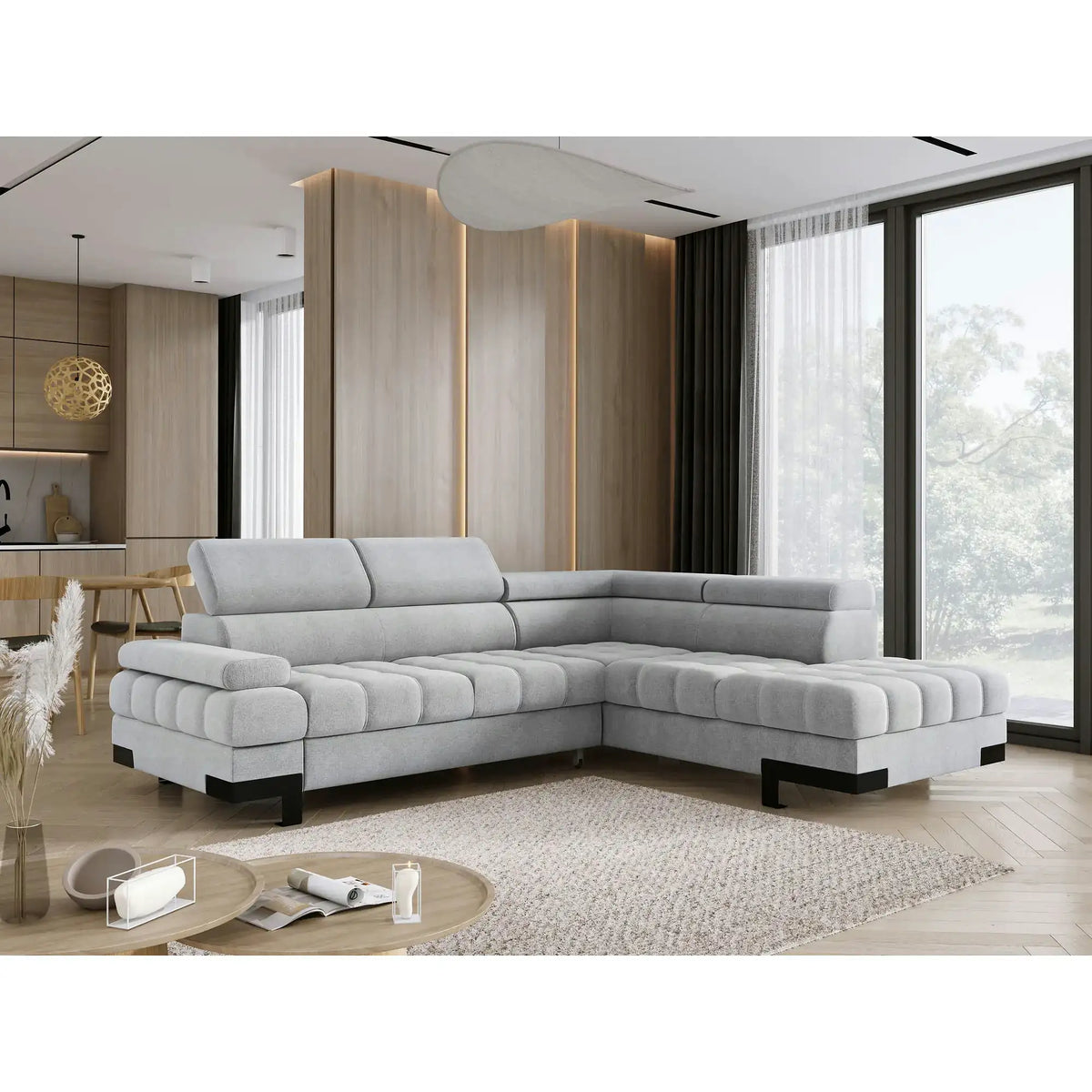 Coltar extensibil SELVA L, sezlong dreapta, stofa catifelata gri - Whisper 16, cu lada depozitare si tetiere reglabile, 263x223x95 cm
