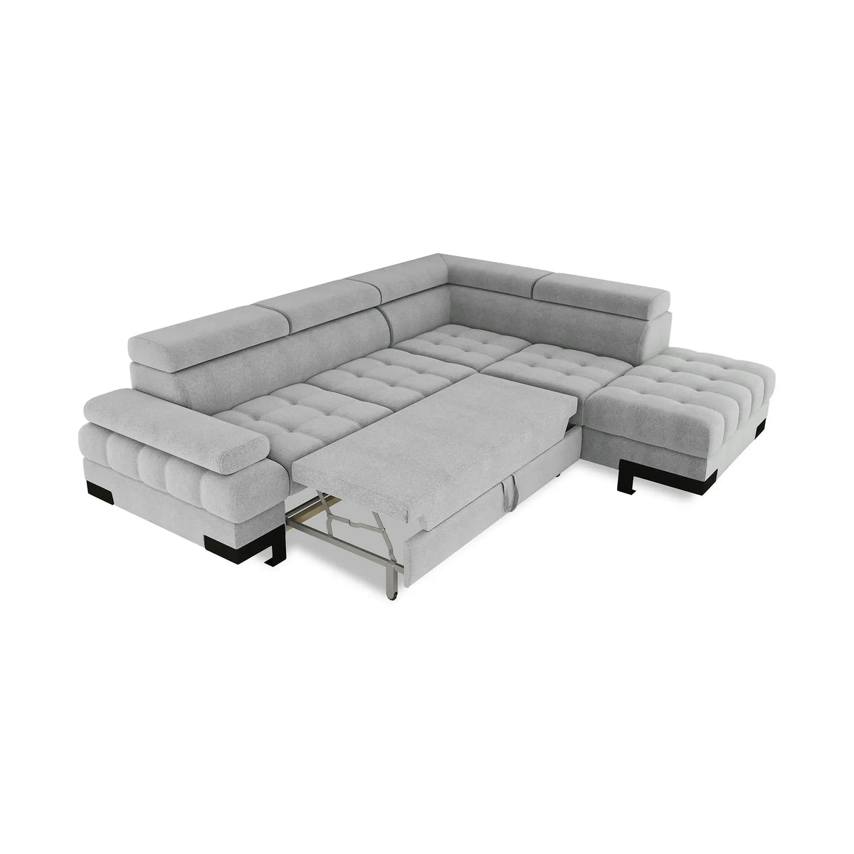 Coltar extensibil SELVA L, sezlong dreapta, stofa catifelata gri - Whisper 16, cu lada depozitare si tetiere reglabile, 263x223x95 cm