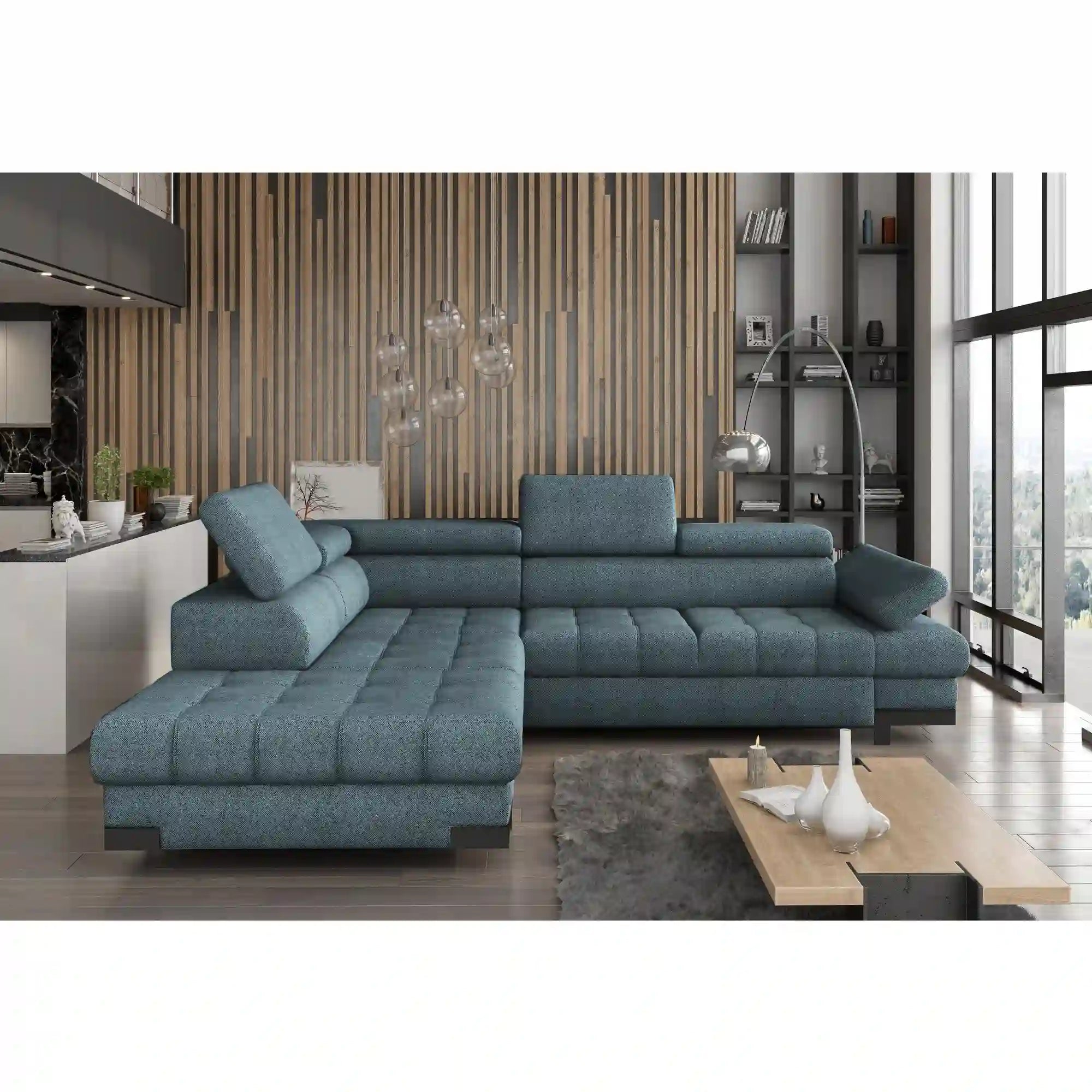 Coltar extensibil SELVA L, sezlong stanga, stofa catifelata albastru - Palladium 14, Gama Premium, cu lada depozitare si tetiere reglabile, 263x223x95 cm