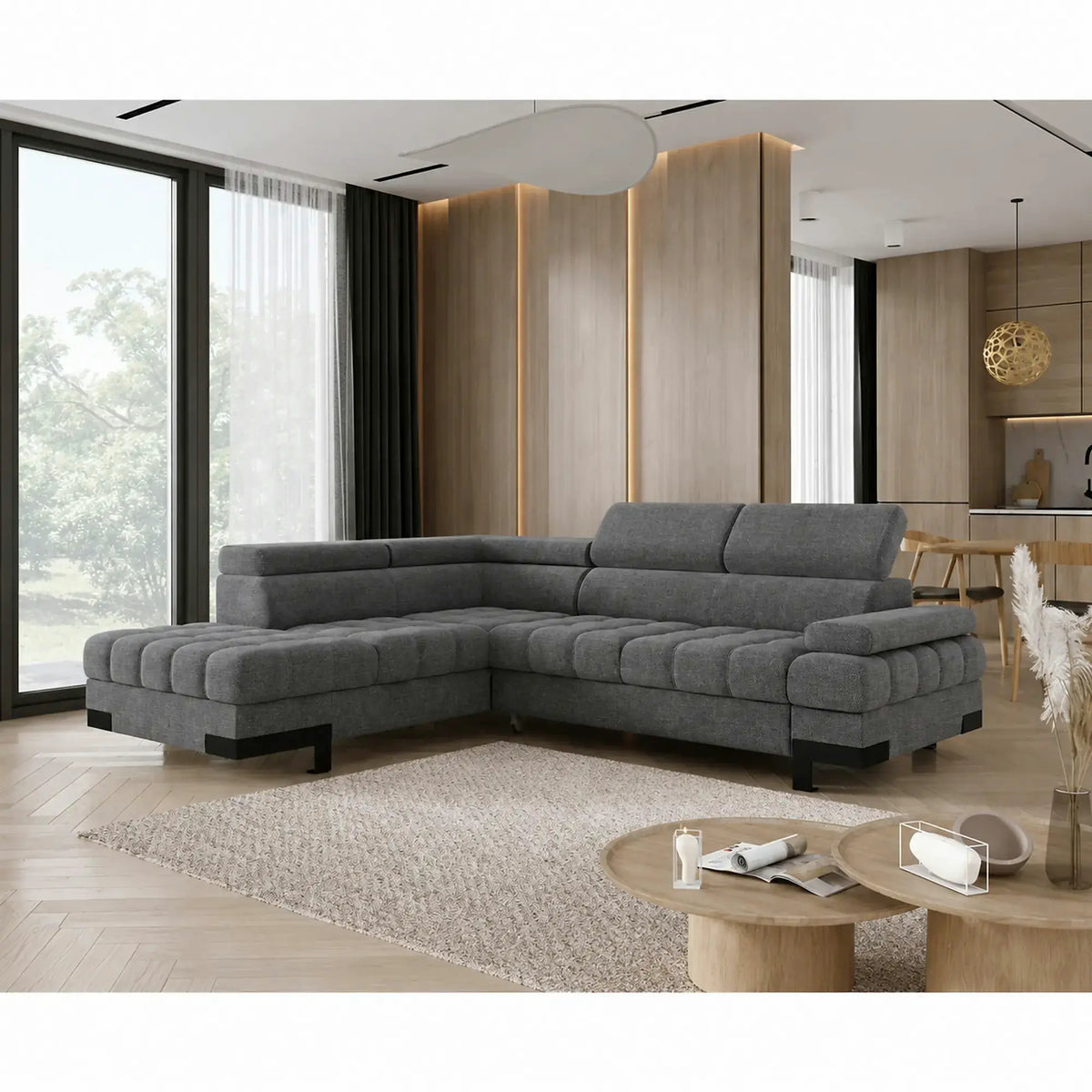 Coltar extensibil SELVA L, sezlong stanga, stofa clasica gri - Austin 19, cu lada depozitare si tetiere reglabile, 263x223x95 cm