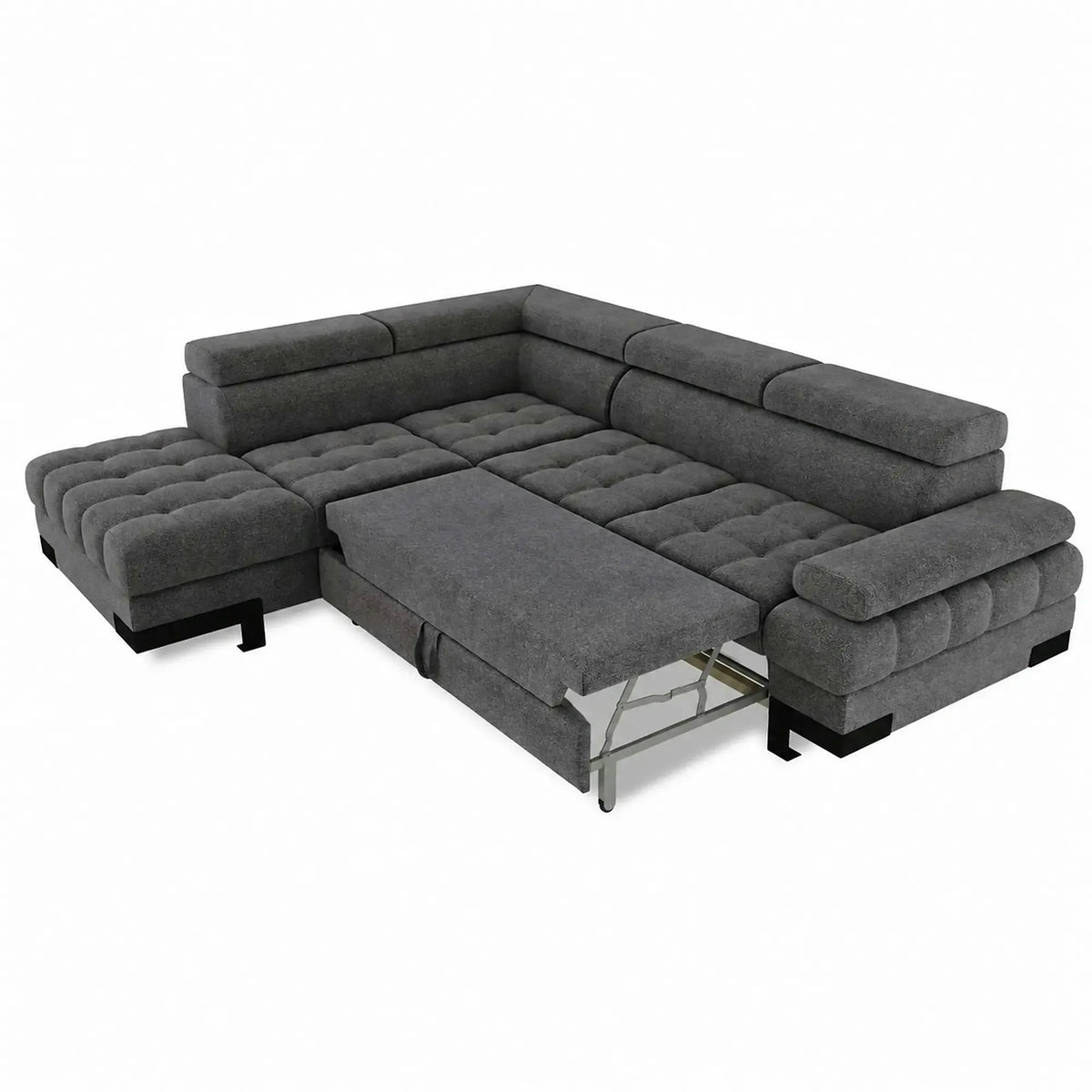 Coltar extensibil SELVA L, sezlong stanga, stofa clasica gri - Austin 19, cu lada depozitare si tetiere reglabile, 263x223x95 cm