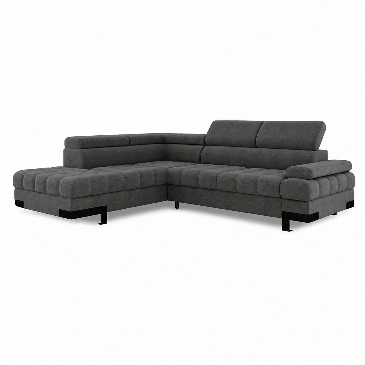 Coltar extensibil SELVA L, sezlong stanga, stofa clasica gri - Austin 19, cu lada depozitare si tetiere reglabile, 263x223x95 cm