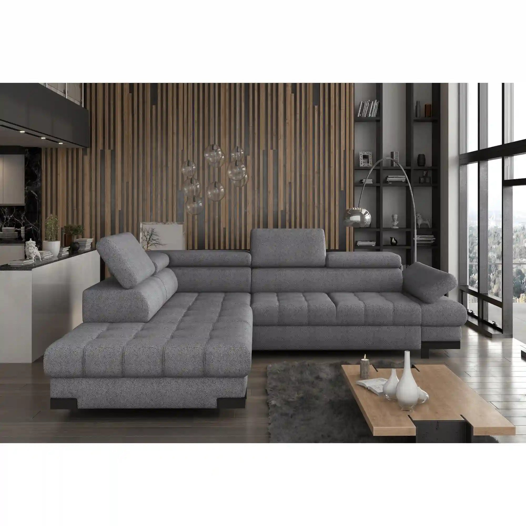 Coltar extensibil SELVA L, sezlong stanga, stofa clasica gri - Austin 19, cu lada depozitare si tetiere reglabile, 263x223x95 cm