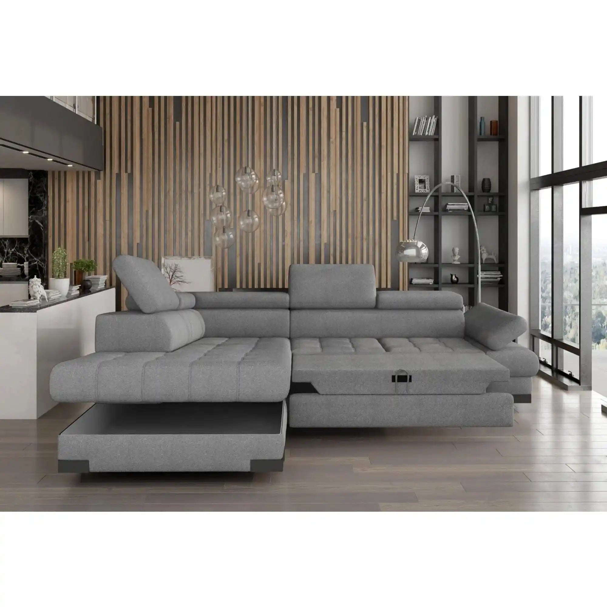 Coltar extensibil SELVA L, sezlong stanga, stofa clasica gri - Austin 19, cu lada depozitare si tetiere reglabile, 263x223x95 cm