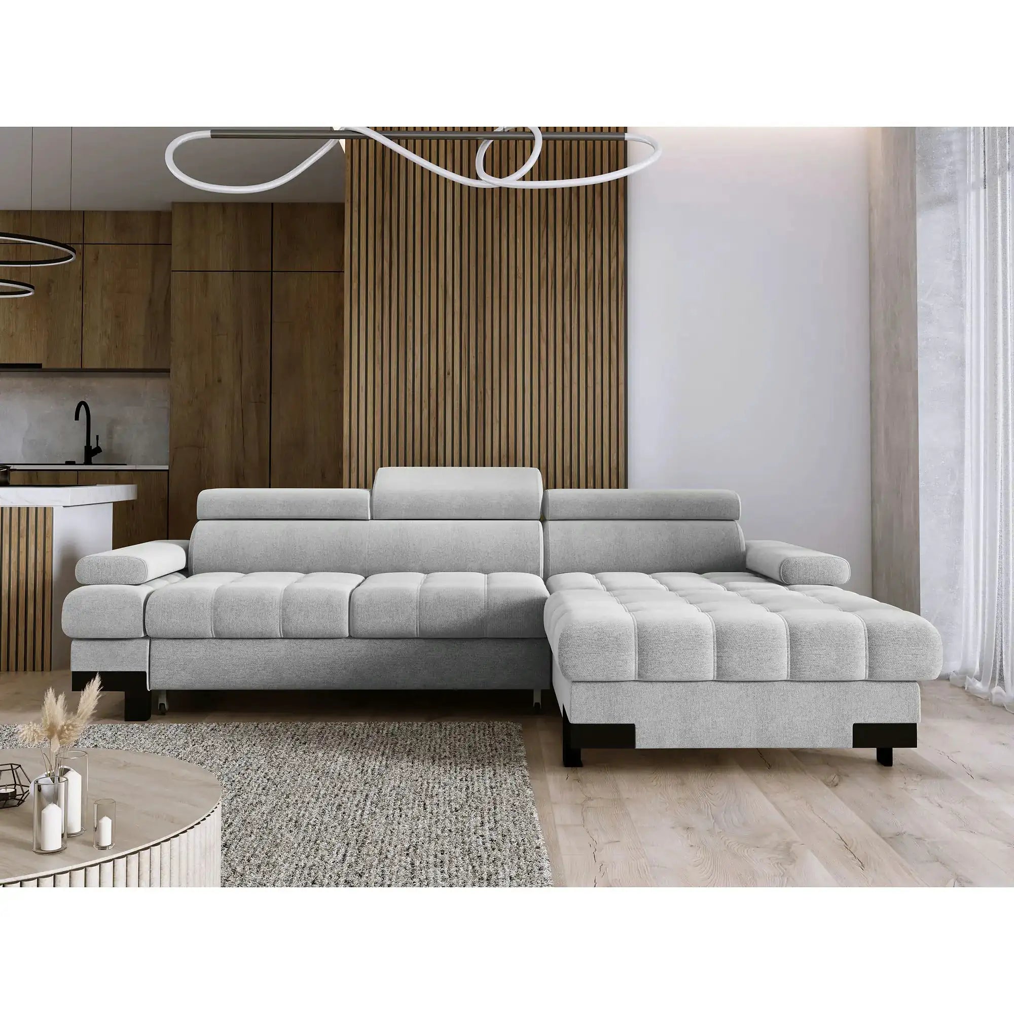 Coltar extensibil SELVA MINI, personalizabil, cu lada depozitare si tetiere reglabile, 270x173x95 cm