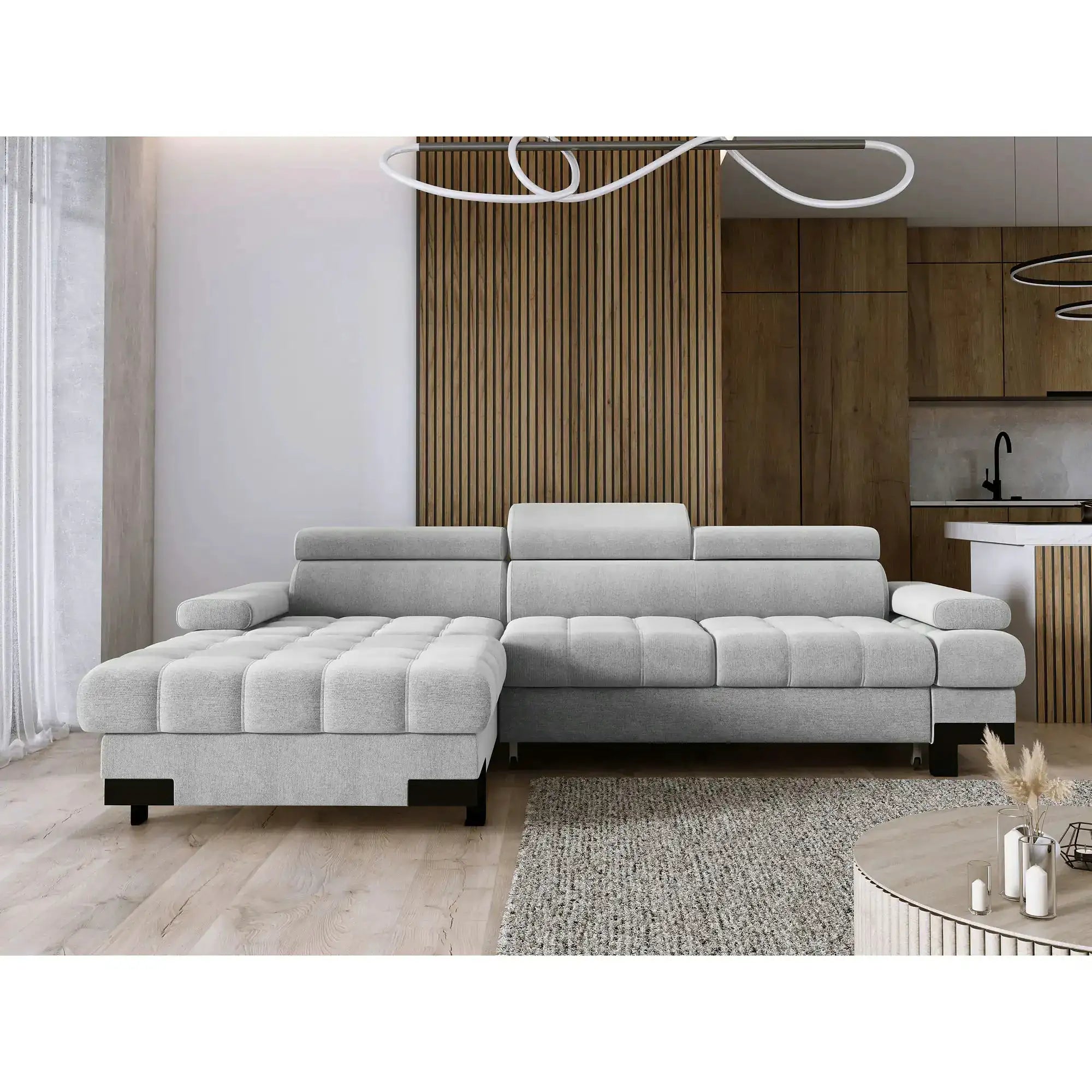 Coltar extensibil SELVA MINI, personalizabil, cu lada depozitare si tetiere reglabile, 270x173x95 cm