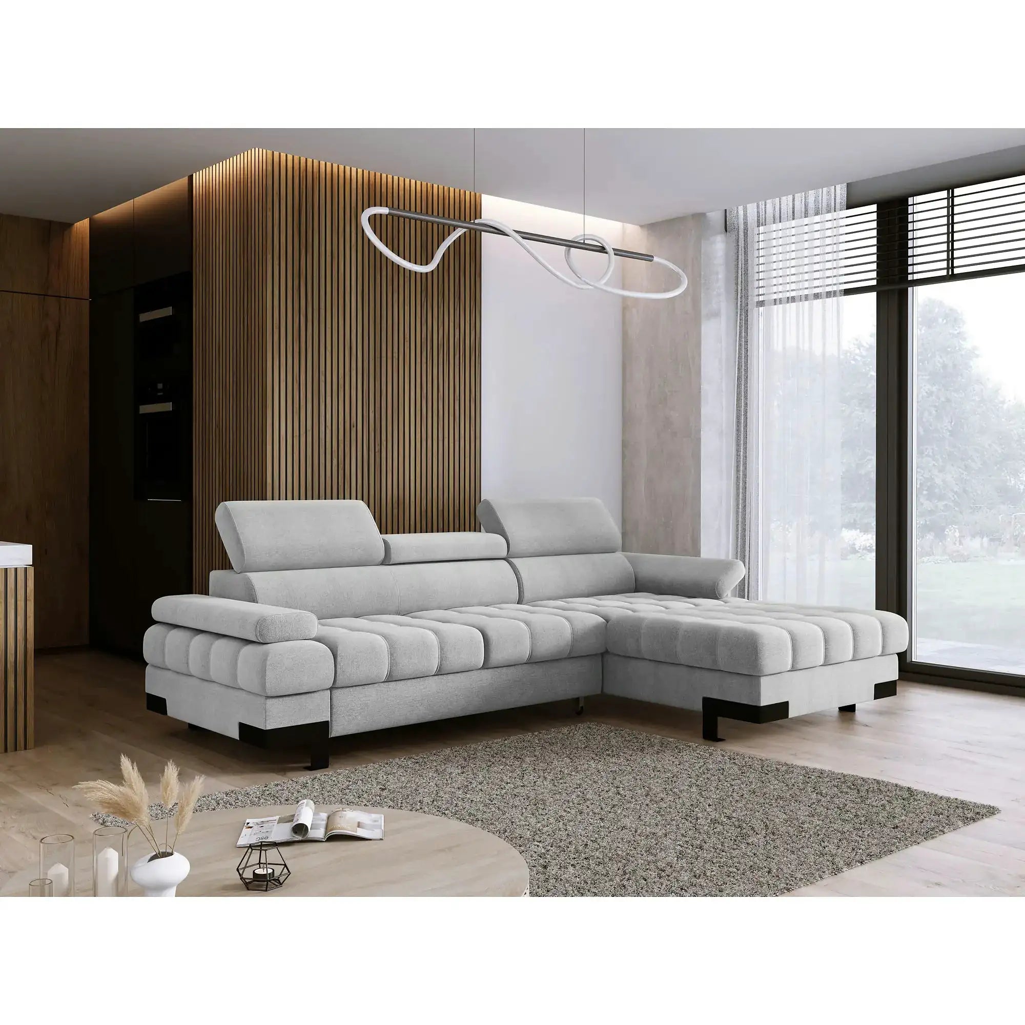 Coltar extensibil SELVA MINI, personalizabil, cu lada depozitare si tetiere reglabile, 270x173x95 cm