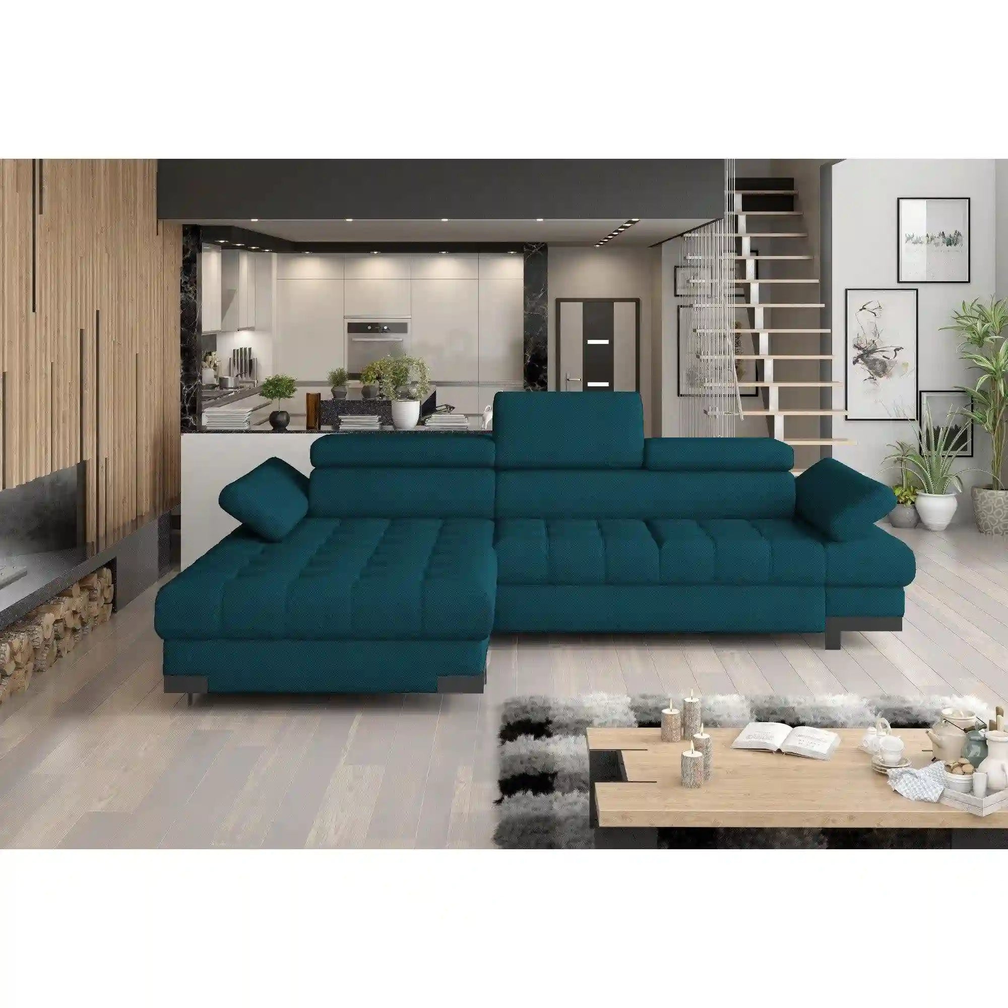 Coltar extensibil SELVA MINI, personalizabil materiale gama Oferta Avantaj, cu lada depozitare si tetiere reglabile, 270x173x95 cm