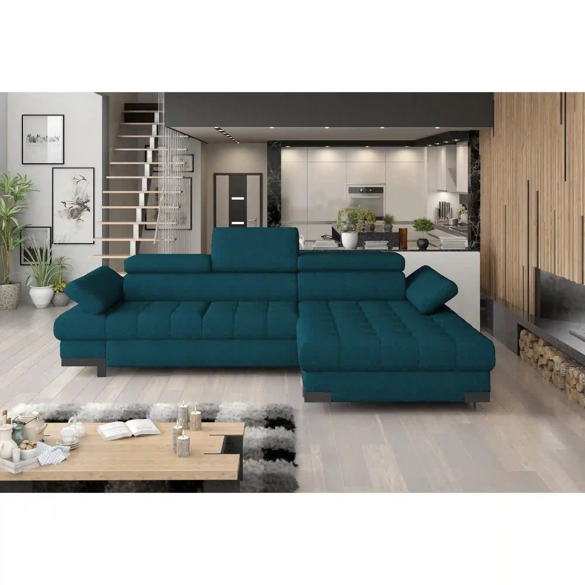 Coltar extensibil SELVA MINI, personalizabil materiale gama Oferta Avantaj, cu lada depozitare si tetiere reglabile, 270x173x95 cm