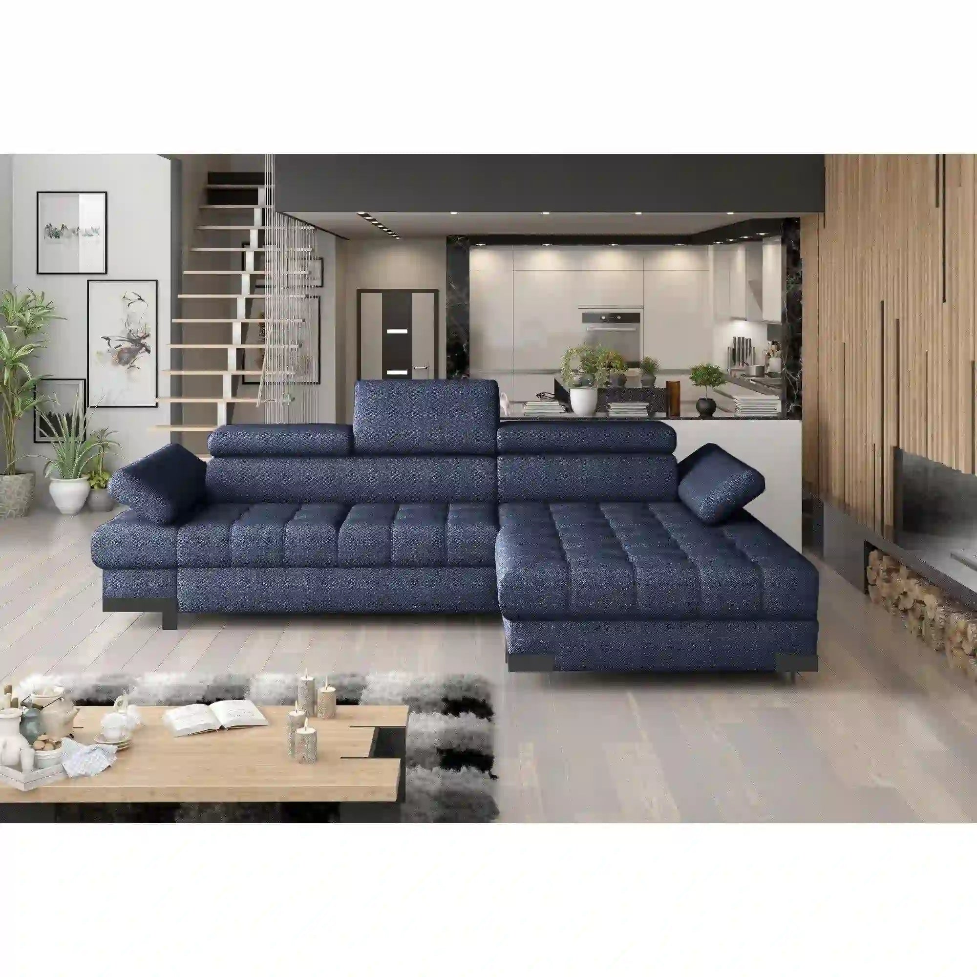 Coltar extensibil SELVA MINI, sezlong dreapta, stofa catifelata albastru inchis - Terra 79, Gama Premium, cu lada depozitare si tetiere reglabile, 270x173x95 cm