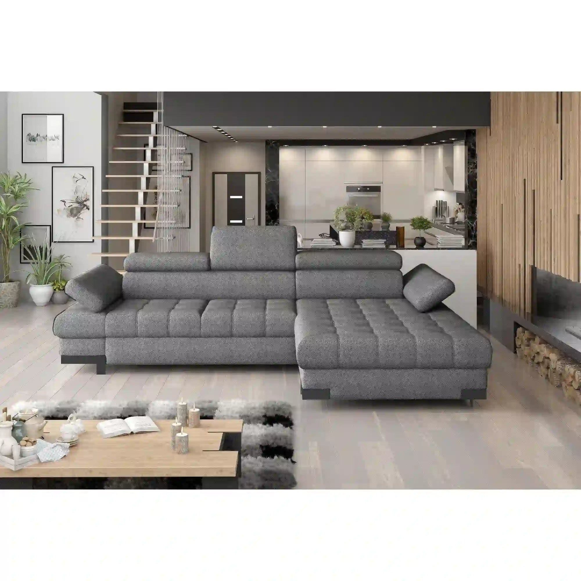 Coltar extensibil SELVA MINI, sezlong dreapta, stofa catifelata gri - Palladium 15, Gama Premium, cu lada depozitare si tetiere reglabile, 270x173x95 cm