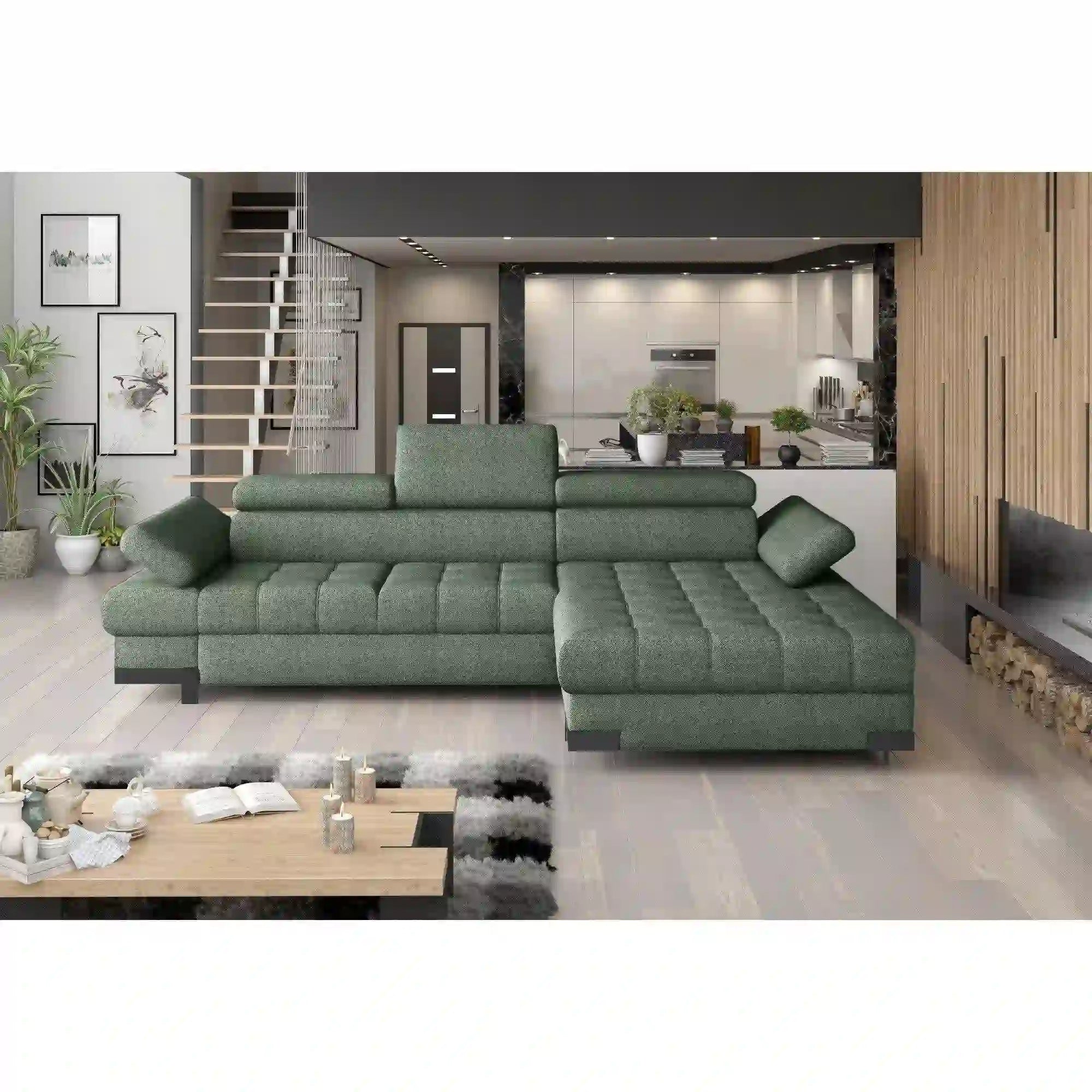 Coltar extensibil SELVA MINI, sezlong dreapta, stofa catifelata verde inchis - Vogue 11, Gama Premium, cu lada depozitare si tetiere reglabile, 270x173x95 cm