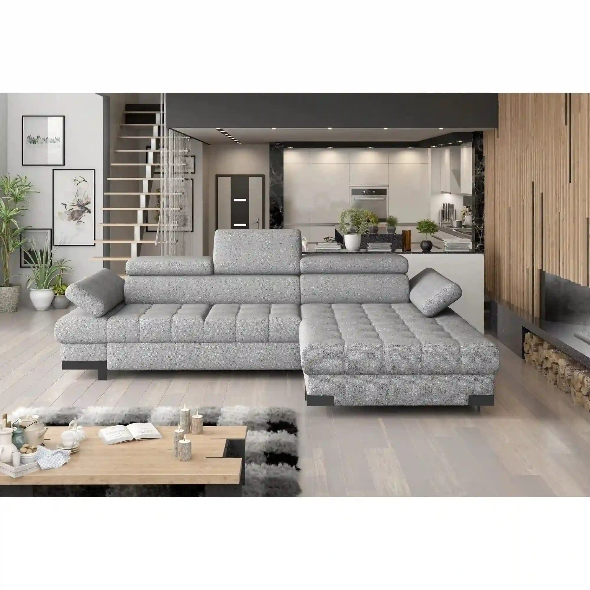 Coltar extensibil SELVA MINI, sezlong dreapta, stofa clasica albastru inchis - Austin 15, cu lada depozitare si tetiere reglabile, 270x173x95 cm