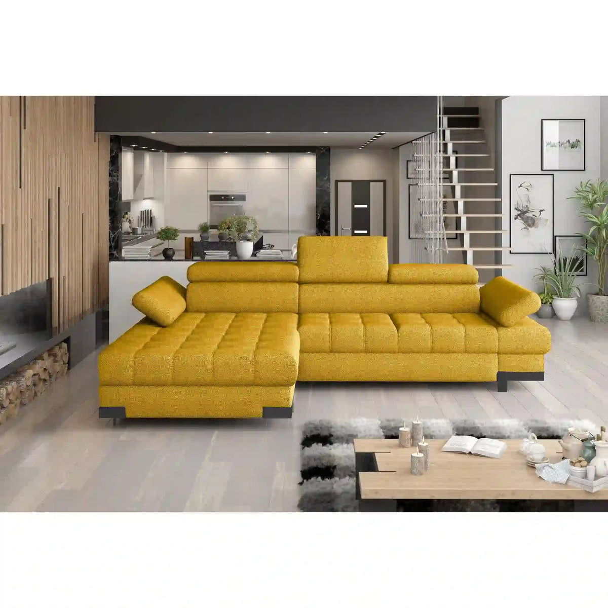 Coltar extensibil cu lada SELVA MINI, sezlong stanga, stofa catifelata galben - Terra 48, Gama Premium, 270x173x95 cm
