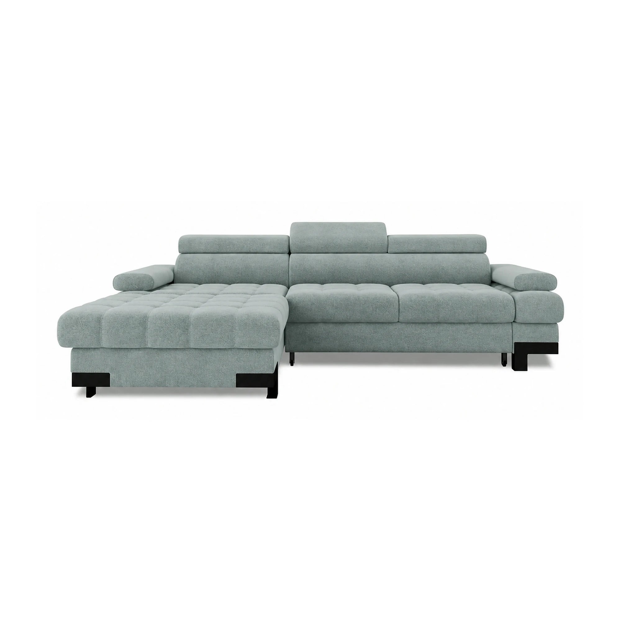 Coltar extensibil SELVA MINI, sezlong stanga, stofa catifelata verde menta, cu lada depozitare, 270x173x95 cm