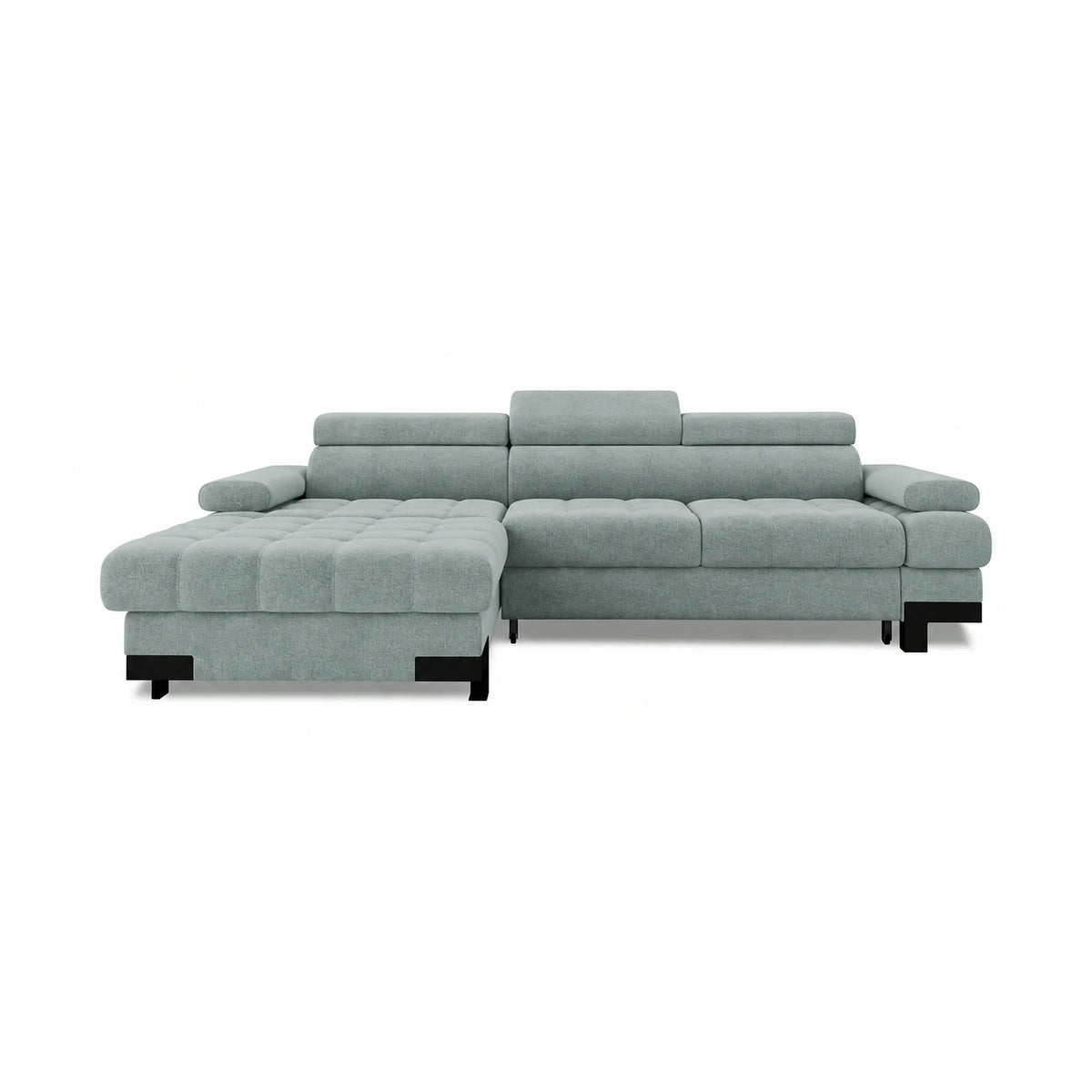Coltar extensibil SELVA MINI, sezlong stanga, stofa catifelata verde menta, cu lada depozitare, 270x173x95 cm