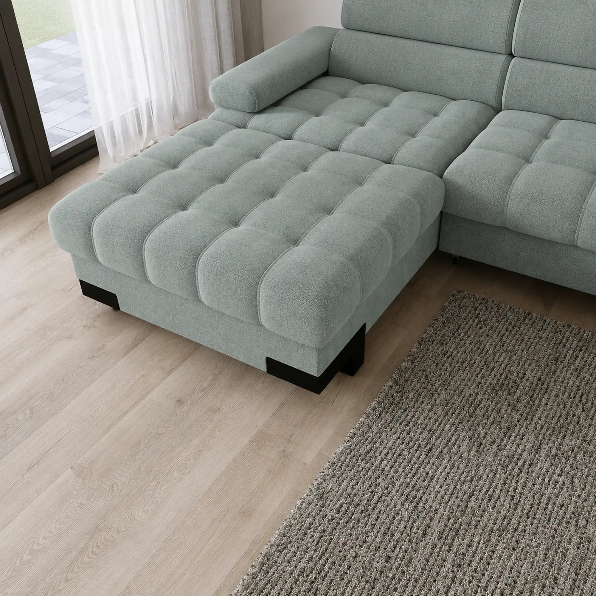 Coltar extensibil SELVA MINI, sezlong stanga, stofa catifelata verde menta, cu lada depozitare, 270x173x95 cm