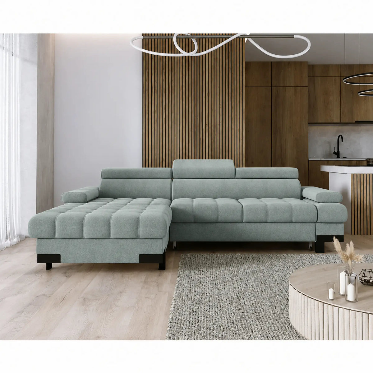 Coltar extensibil SELVA MINI, sezlong stanga, stofa catifelata verde menta, cu lada depozitare, 270x173x95 cm