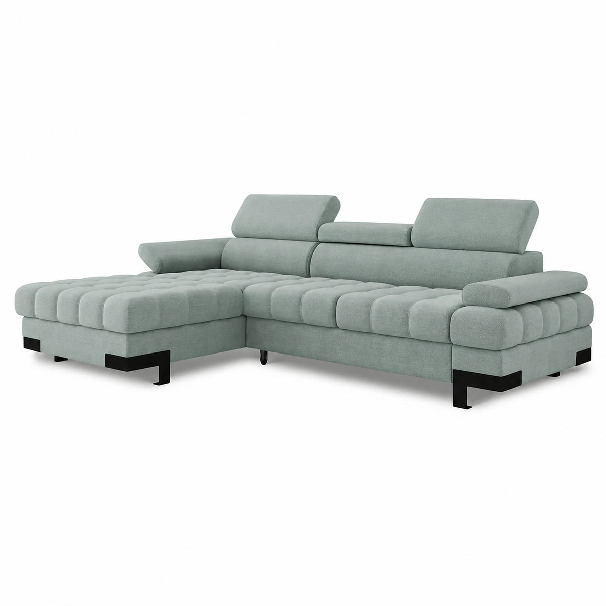 Coltar extensibil SELVA MINI, sezlong stanga, stofa catifelata verde menta, cu lada depozitare, 270x173x95 cm