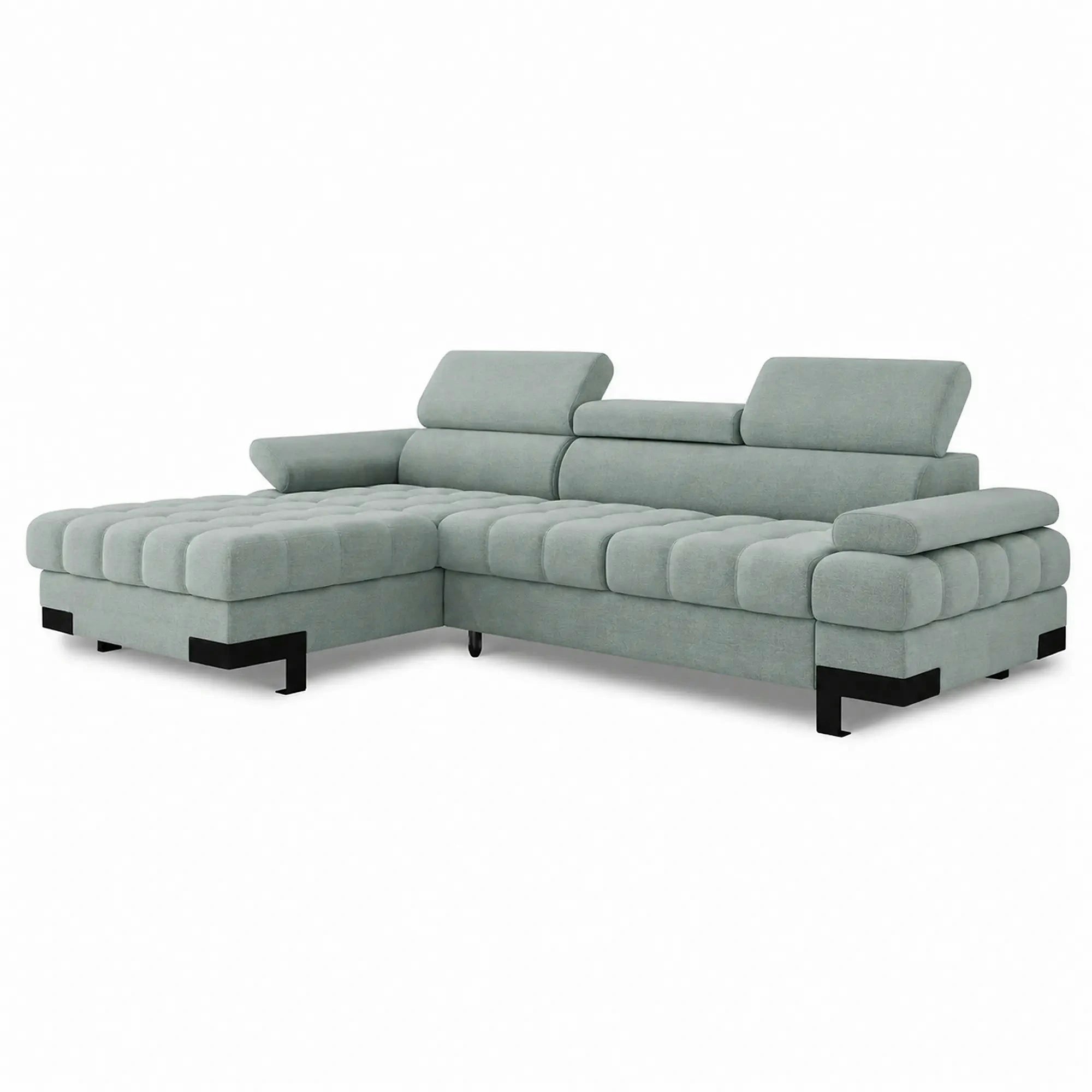 Coltar extensibil SELVA MINI, sezlong stanga, stofa catifelata verde menta, cu lada depozitare, 270x173x95 cm
