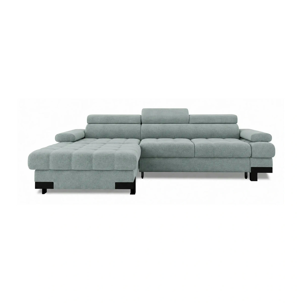 Coltar extensibil SELVA MINI, sezlong stanga, stofa catifelata verde menta, cu lada depozitare, 270x173x95 cm
