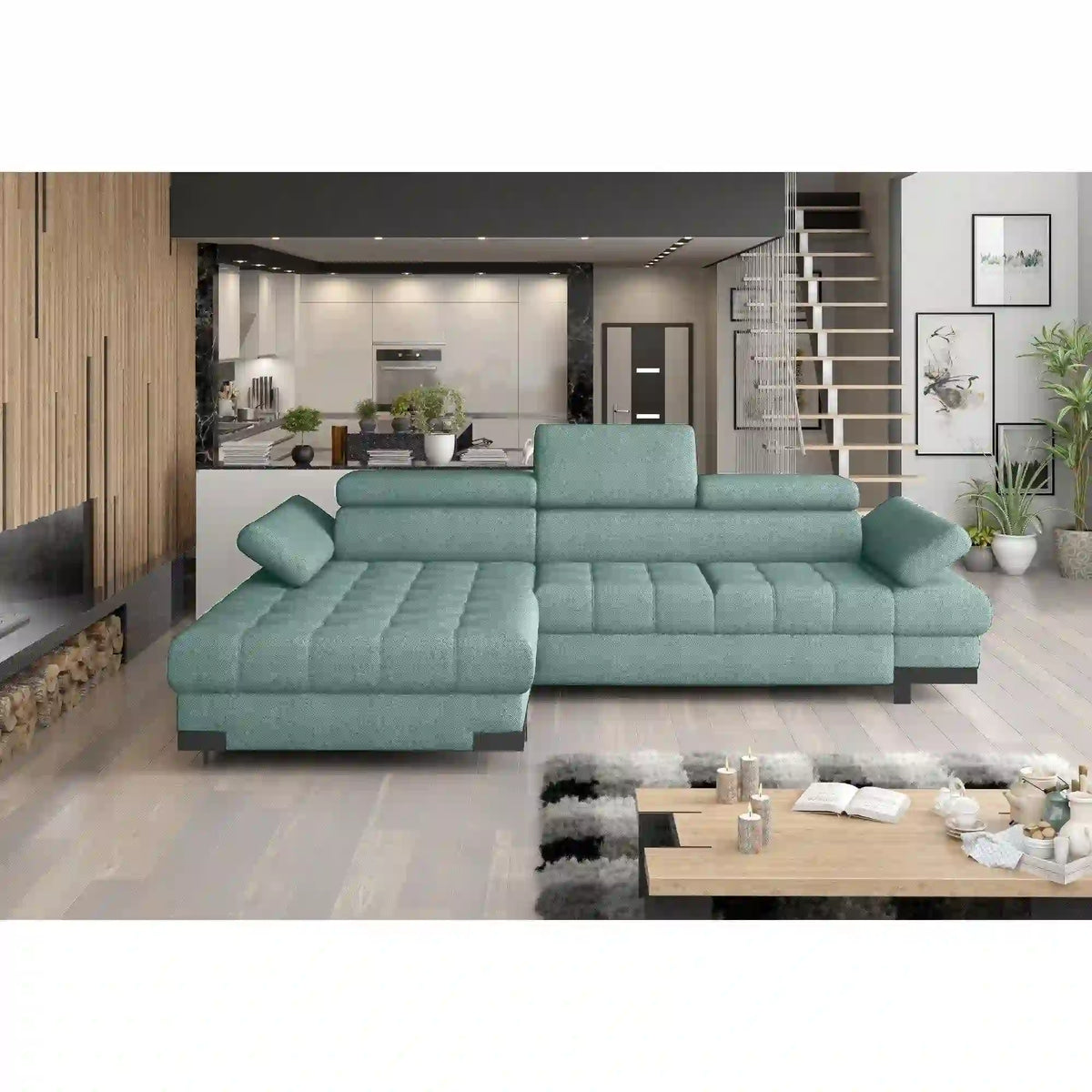 Coltar extensibil SELVA MINI, sezlong stanga, stofa catifelata verde menta, Gama Premium, cu lada depozitare, 270x173x95 cm