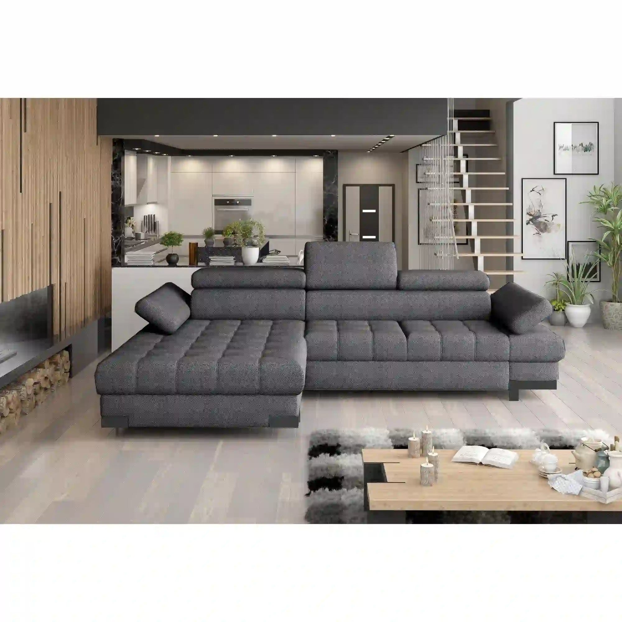 Coltar extensibil SELVA MINI, sezlong stanga, stofa clasica gri - Austin 19, cu lada depozitare, 270x173x95 cm