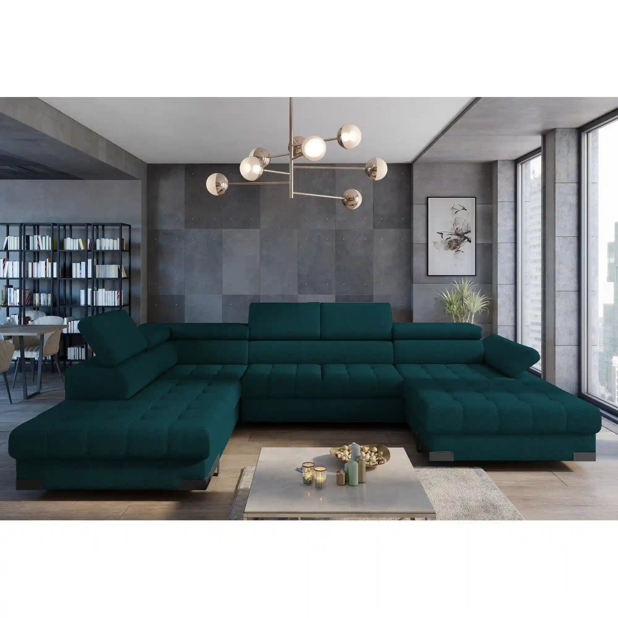 Coltar extensibil SELVA XL, personalizabil materiale gama Oferta Avantaj, cu lada depozitare si tetiere reglabile, 339x223x95 cm