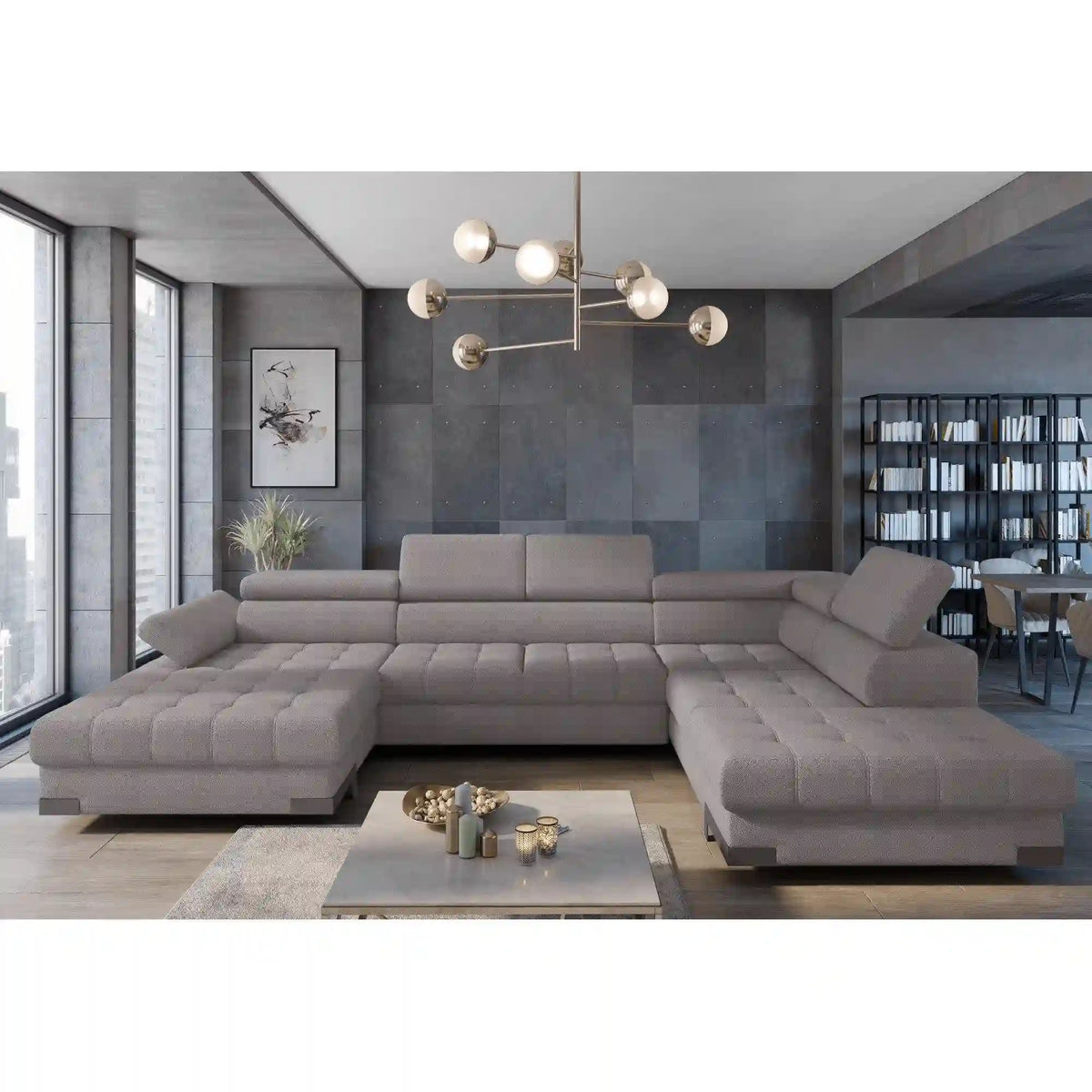 Coltar extensibil SELVA XL, sezlong dreapta, stofa catifelata bej - Whisper 3, Gama Premium, cu lada depozitare si tetiere reglabile, 339x223x95 cm