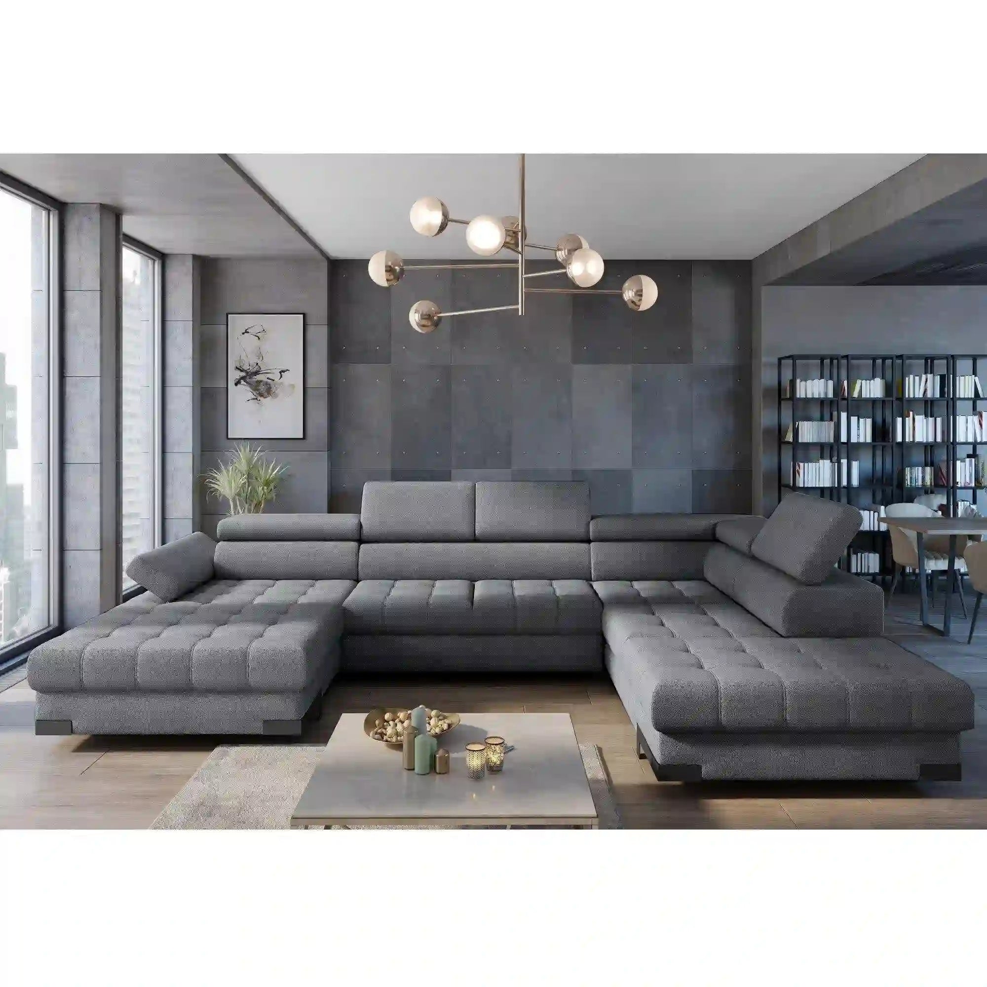 Coltar extensibil SELVA XL, sezlong dreapta, stofa catifelata gri - Monolith 92, cu lada depozitare si tetiere reglabile, 339x223x95 cm