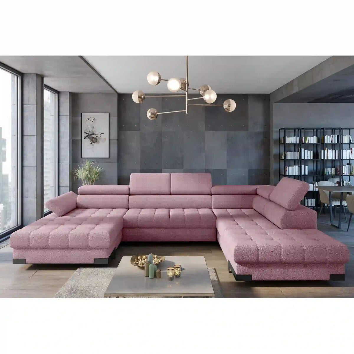 Coltar extensibil SELVA XL, sezlong dreapta, stofa catifelata roz pudrat - Riviera 62, Gama Premium, cu lada depozitare si tetiere reglabile, 339x223x95 cm