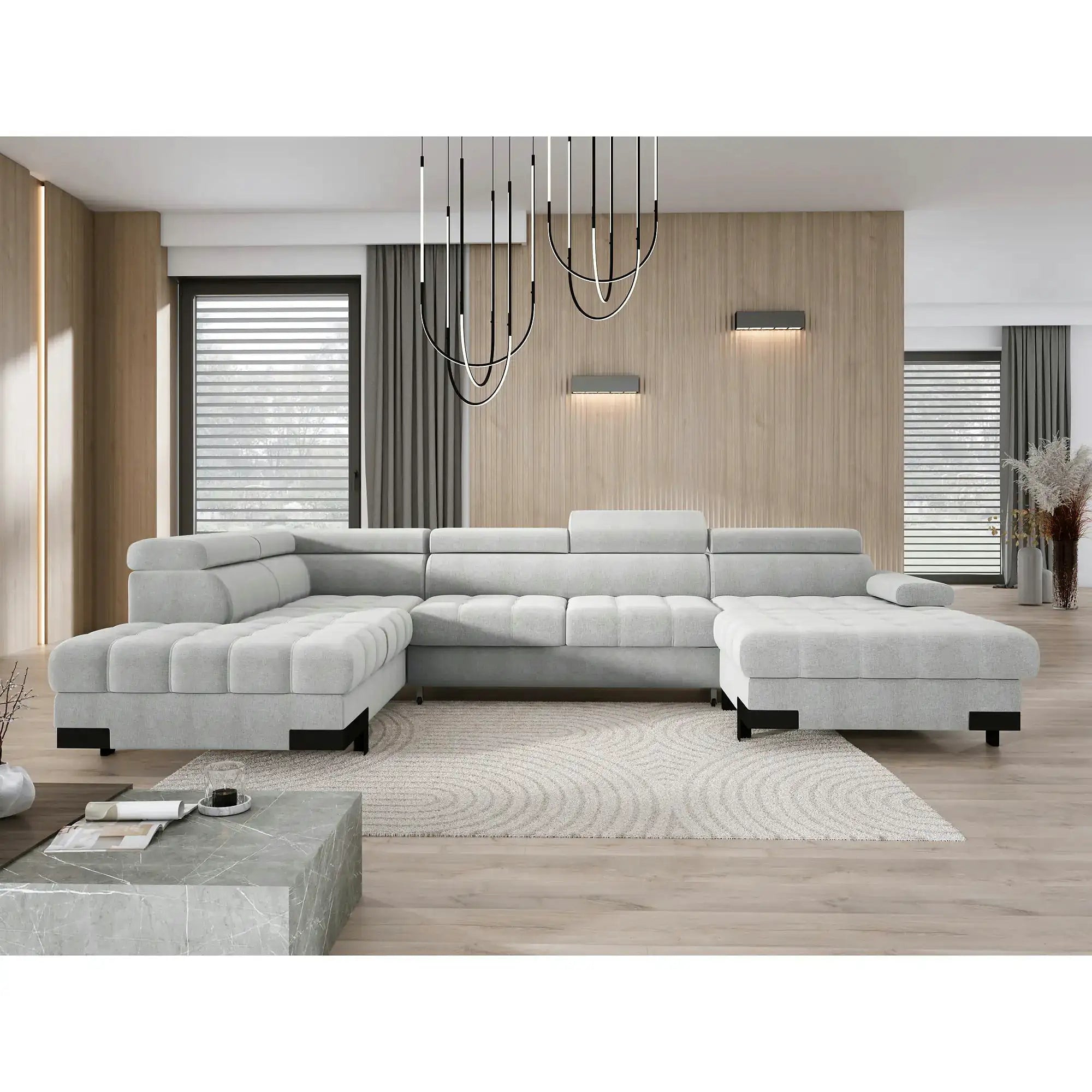 Coltar extensibil SELVA XL, sezlong stanga, stofa catifelata gri - Riviera 91, cu lada depozitare si tetiere reglabile, 339x223x95 cm