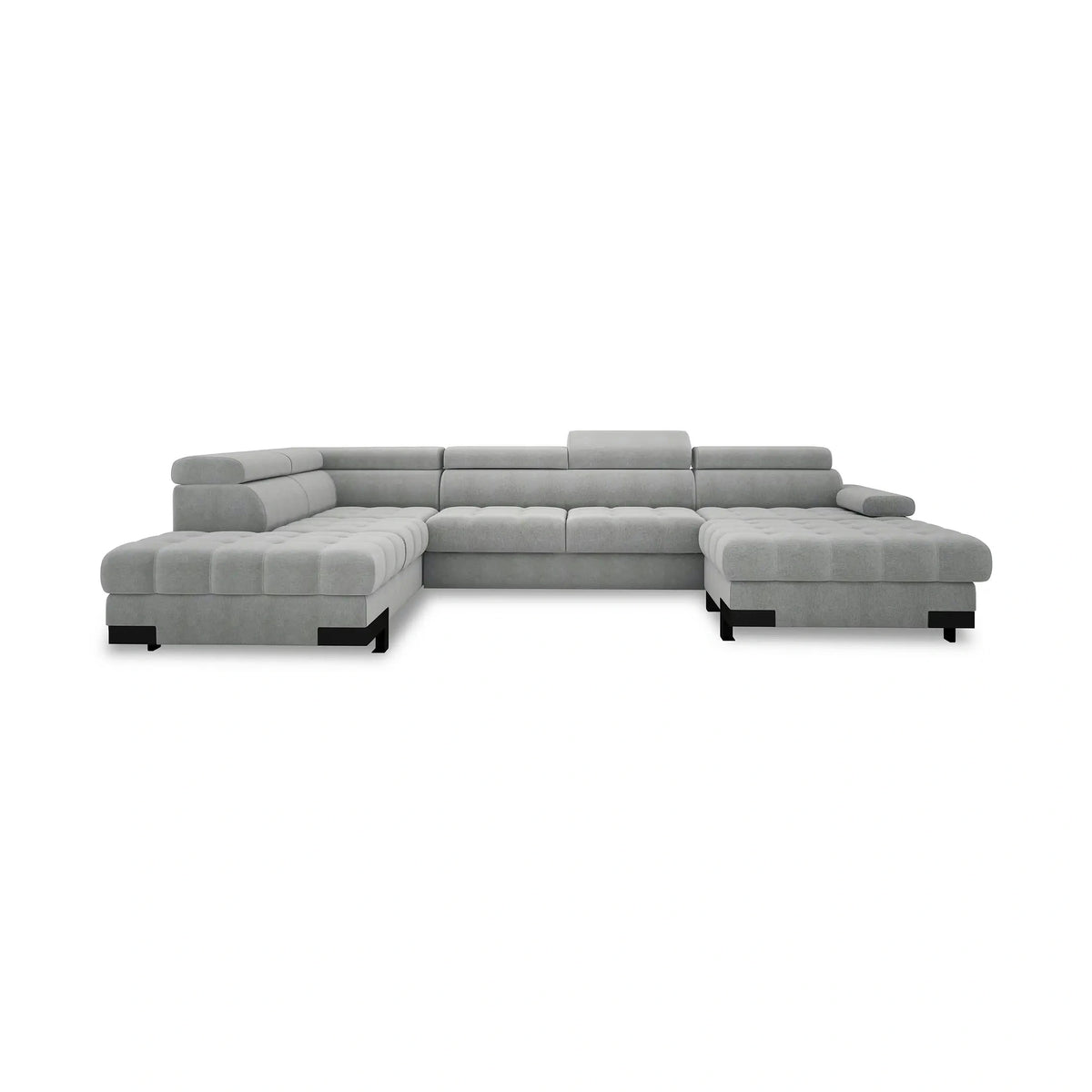Coltar extensibil SELVA XL, sezlong stanga, stofa catifelata gri - Riviera 91, cu lada depozitare si tetiere reglabile, 339x223x95 cm