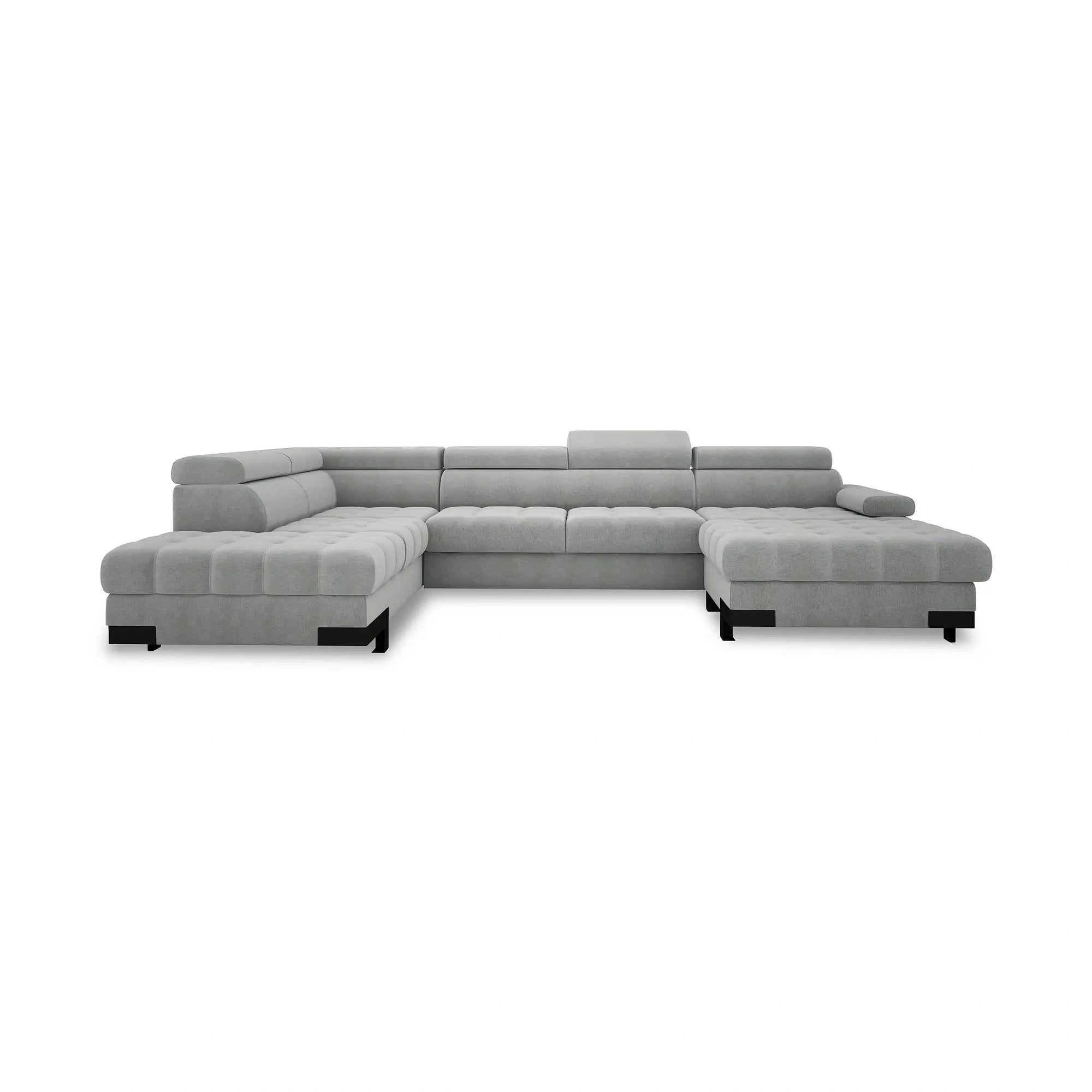 Coltar extensibil SELVA XL, sezlong stanga, stofa catifelata gri - Riviera 91, cu lada depozitare si tetiere reglabile, 339x223x95 cm