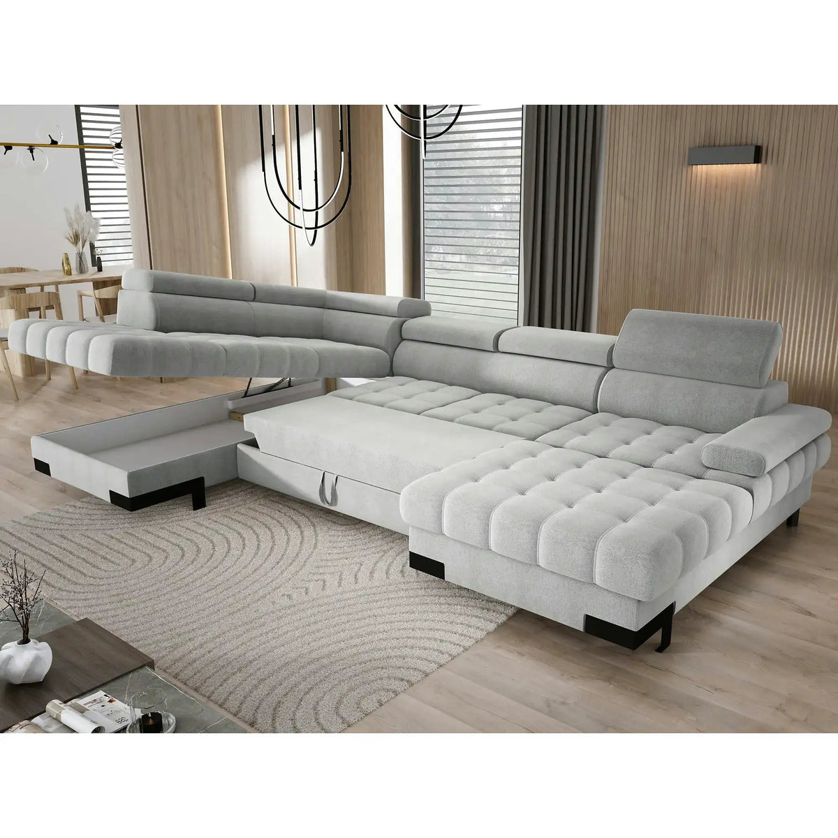 Coltar extensibil SELVA XL, sezlong stanga, stofa catifelata gri - Riviera 91, cu lada depozitare si tetiere reglabile, 339x223x95 cm