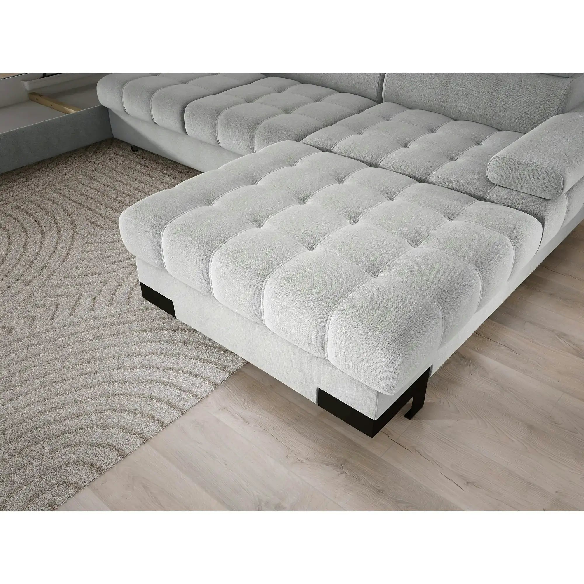 Coltar extensibil SELVA XL, sezlong stanga, stofa catifelata gri - Riviera 91, cu lada depozitare si tetiere reglabile, 339x223x95 cm