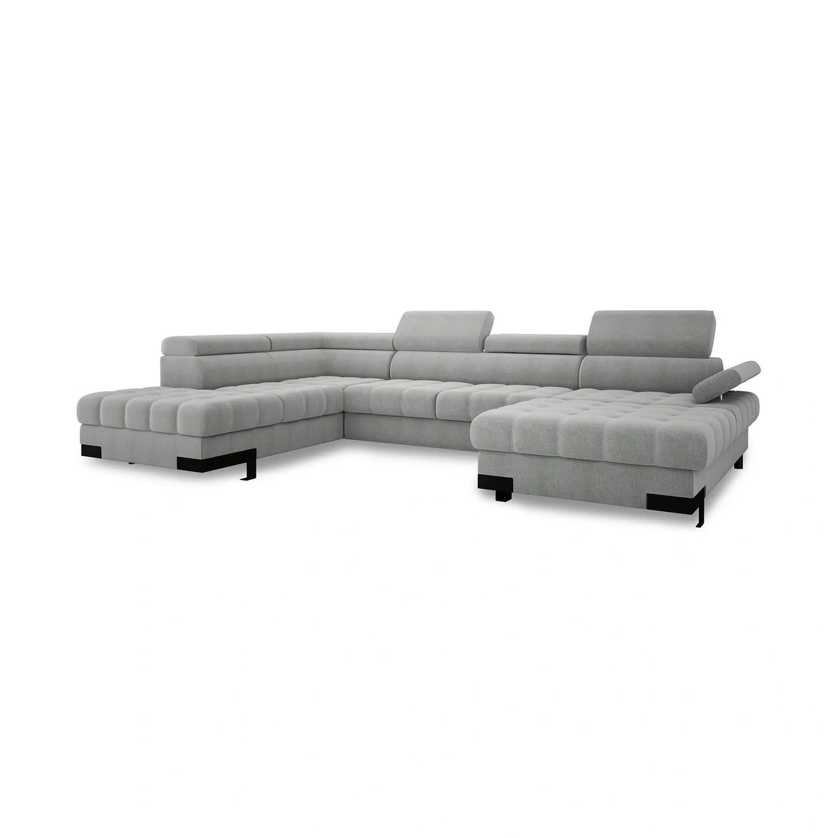 Coltar extensibil SELVA XL, sezlong stanga, stofa catifelata gri - Riviera 91, cu lada depozitare si tetiere reglabile, 339x223x95 cm
