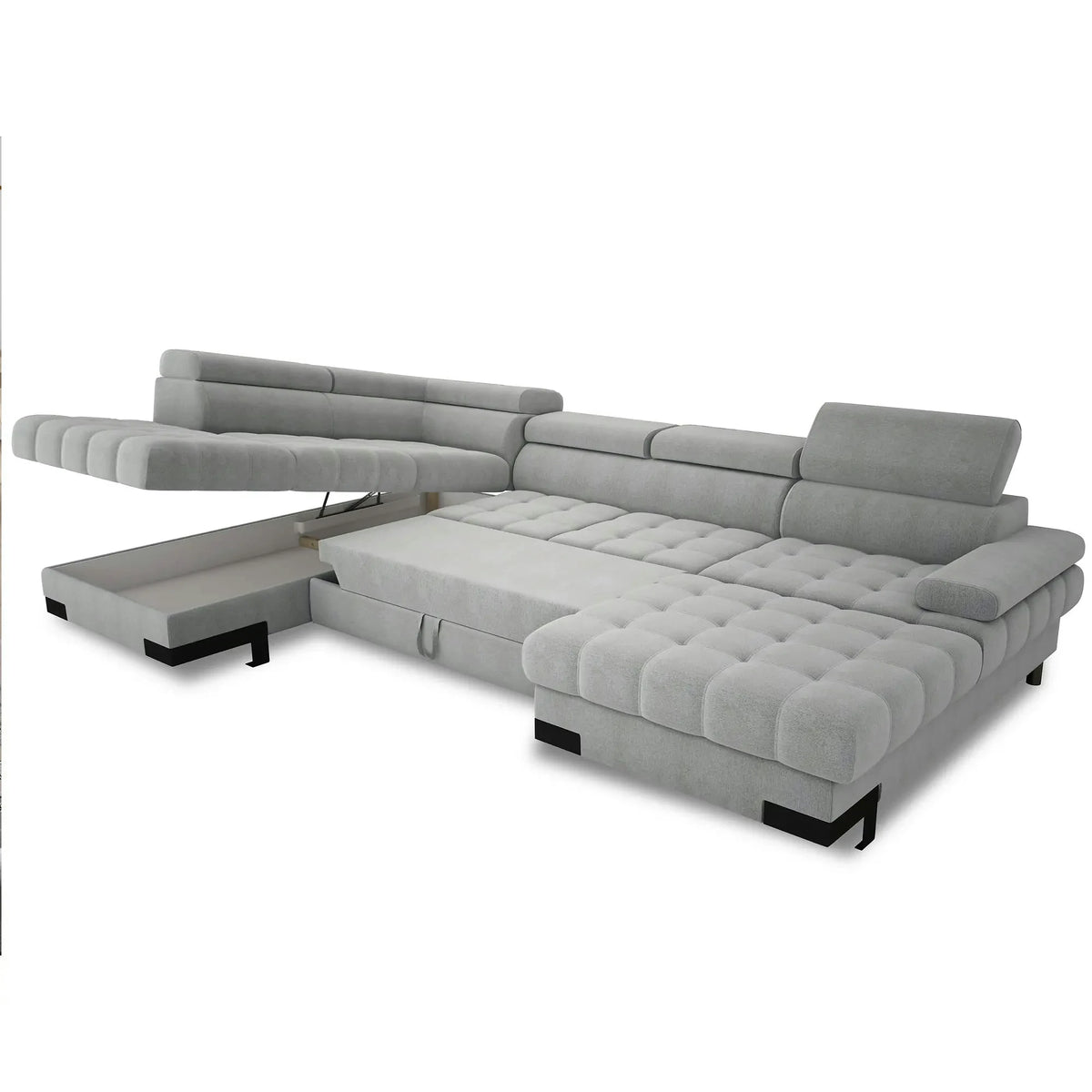 Coltar extensibil SELVA XL, sezlong stanga, stofa catifelata gri - Riviera 91, cu lada depozitare si tetiere reglabile, 339x223x95 cm