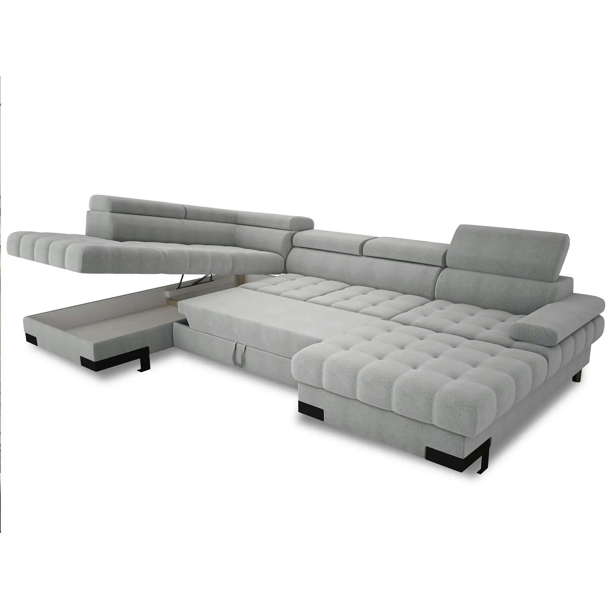 Coltar extensibil SELVA XL, sezlong stanga, stofa catifelata gri - Riviera 91, cu lada depozitare si tetiere reglabile, 339x223x95 cm