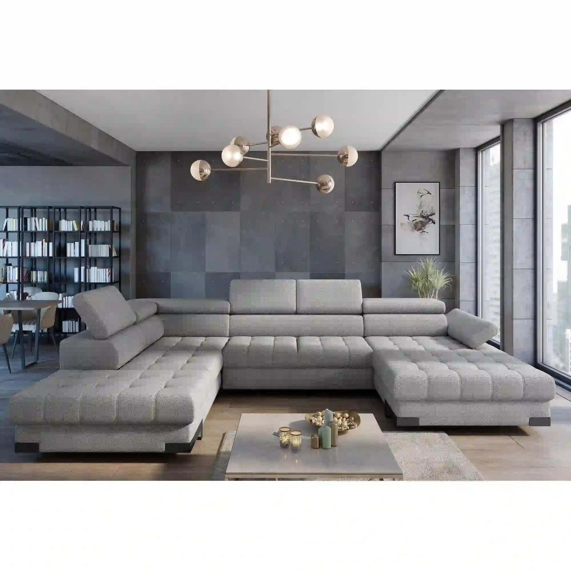 Coltar extensibil SELVA XL, sezlong stanga, stofa catifelata gri - Riviera 91, Gama Premium, cu lada depozitare si tetiere reglabile, 339x223x95 cm