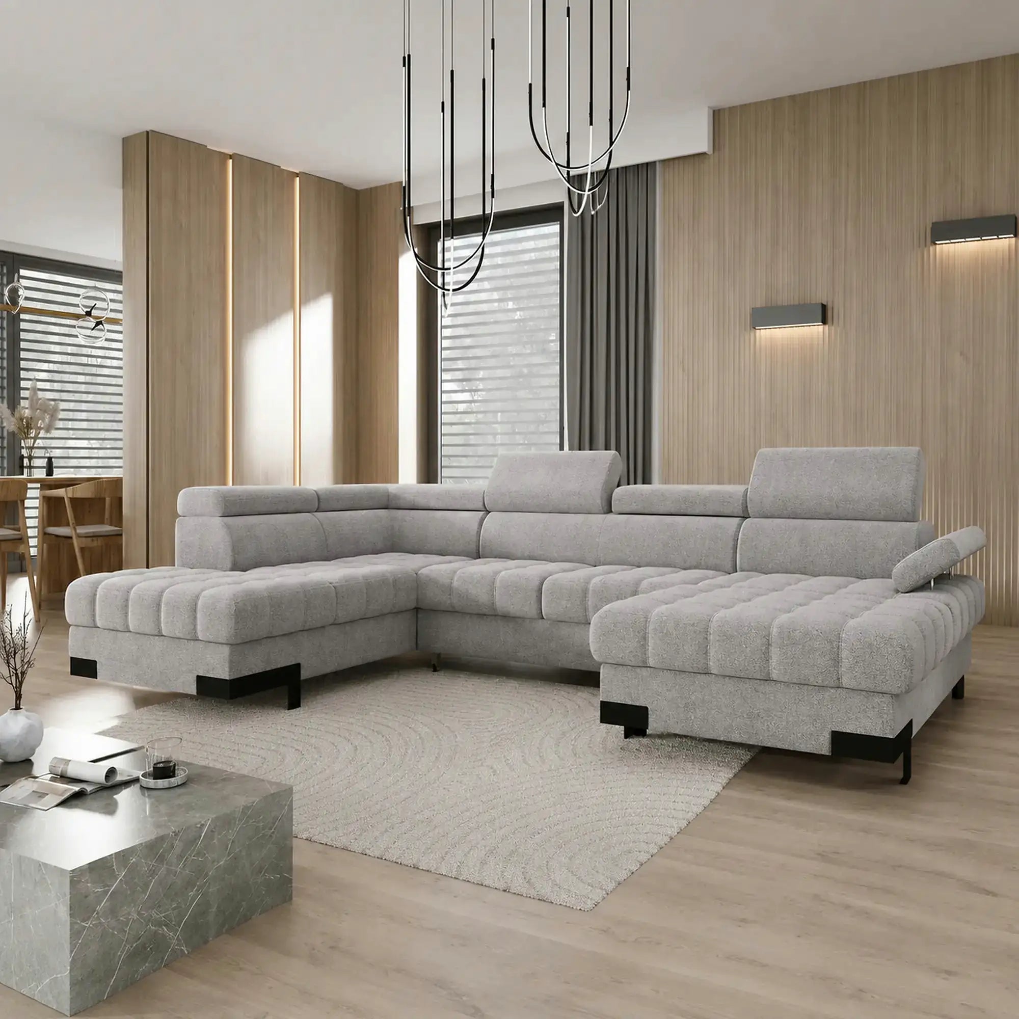 Coltar extensibil SELVA XL, sezlong stanga, stofa clasica gri - Austin 18, cu lada depozitare si tetiere reglabile, 339x223x95 cm