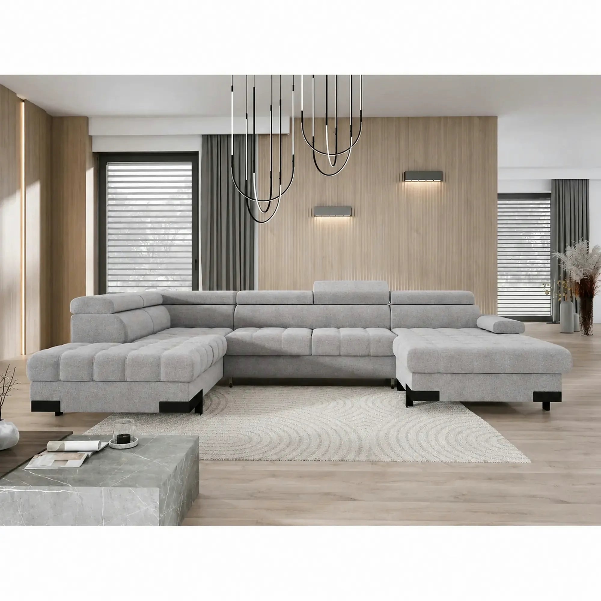 Coltar extensibil SELVA XL, sezlong stanga, stofa clasica gri - Austin 18, cu lada depozitare si tetiere reglabile, 339x223x95 cm