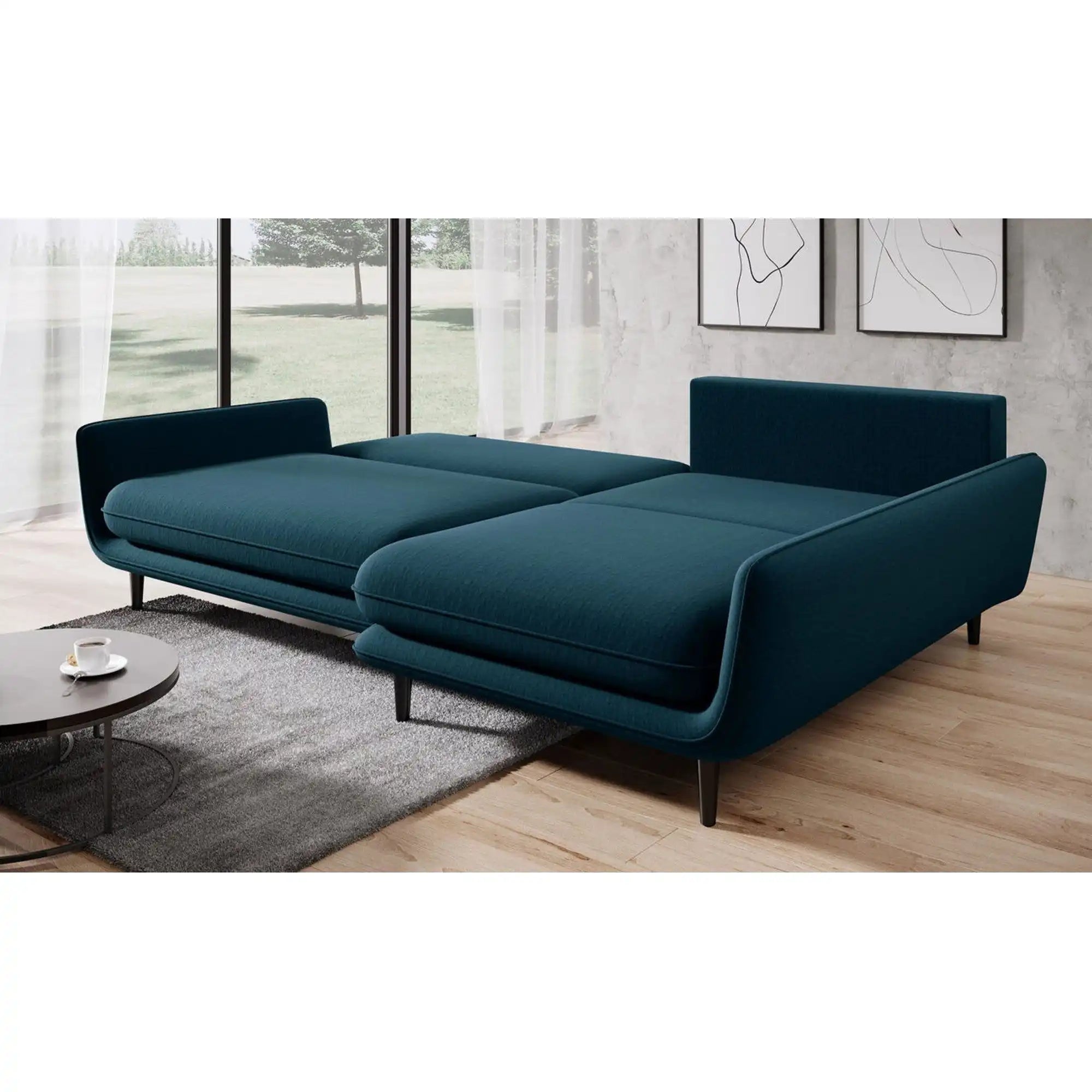 Coltar extensibil SOLANO, sezlong dreapta, stofa catifelata albastru inchis - Element 13, Gama Premium, cu lada depozitare, 260x167x83 cm