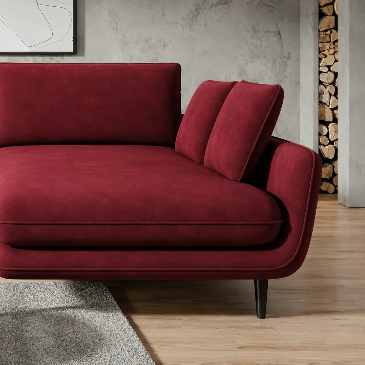 Coltar extensibil SOLANO, sezlong dreapta, stofa catifelata rosu - Riviera 61, cu lada depozitare, 260x167x83 cm