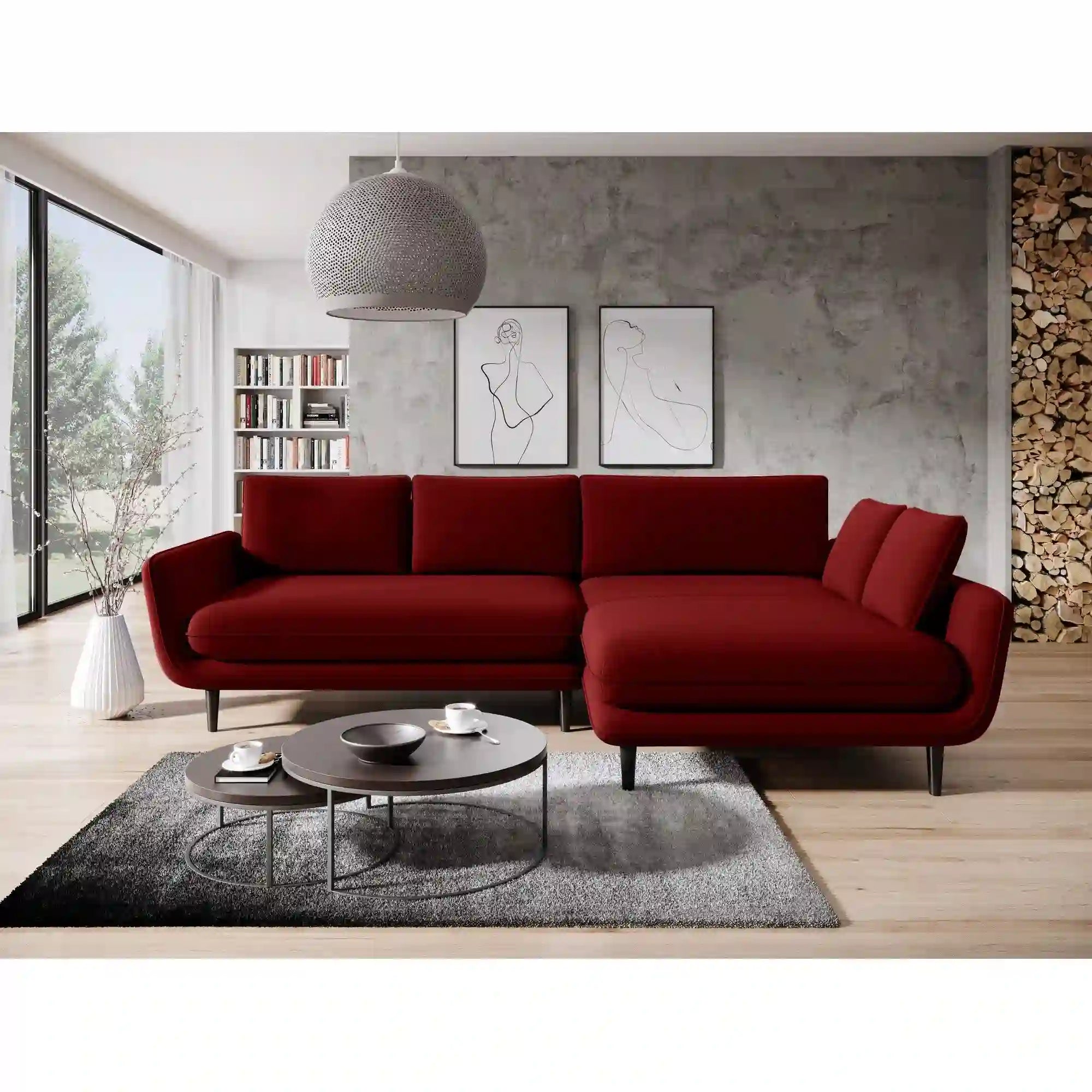 Coltar extensibil SOLANO, sezlong dreapta, stofa catifelata visiniu - Riviera 59, Gama Premium, cu lada depozitare, 260x167x83 cm