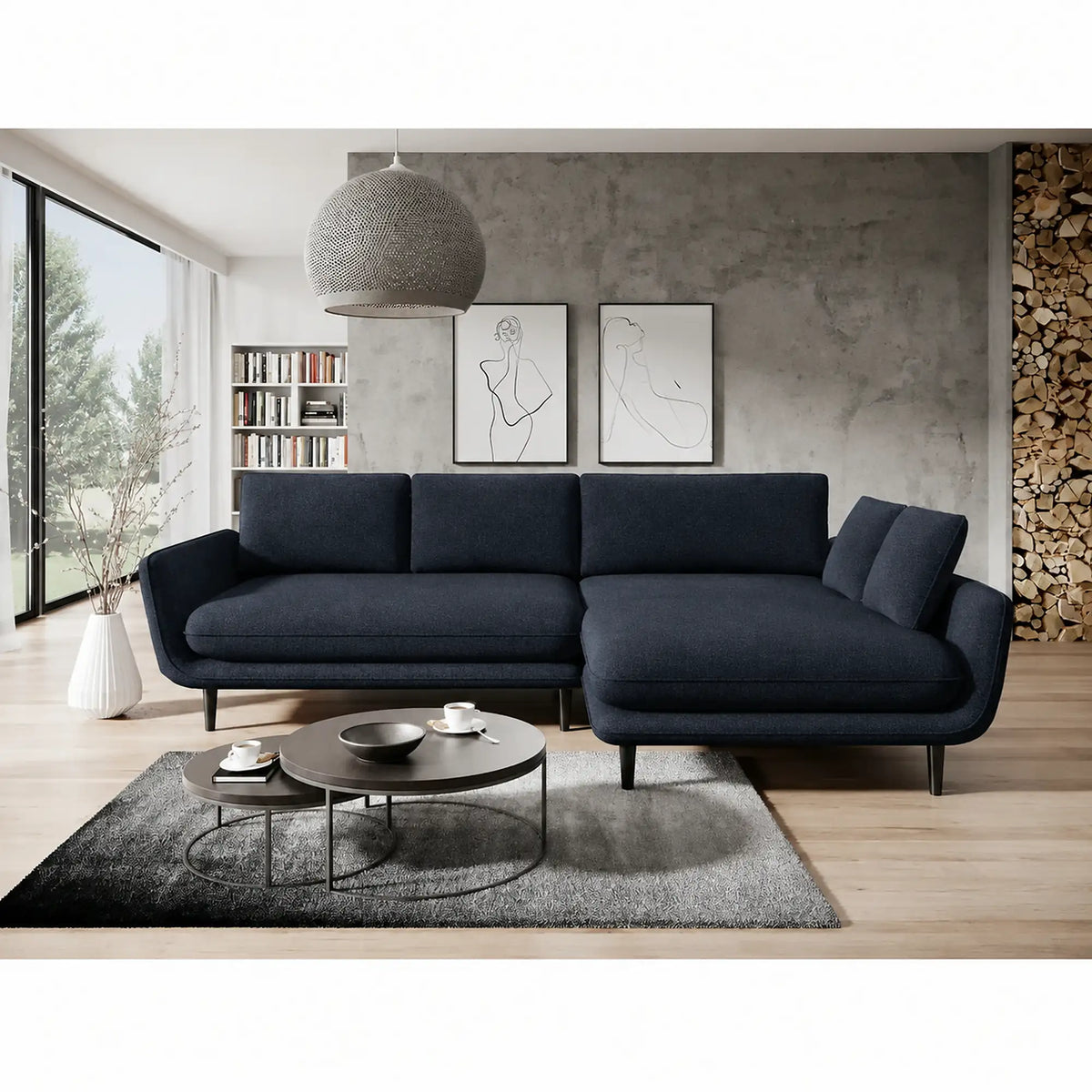 Coltar extensibil SOLANO, sezlong dreapta, stofa clasica albastru inchis - Austin 15, cu lada depozitare, 260x167x83 cm